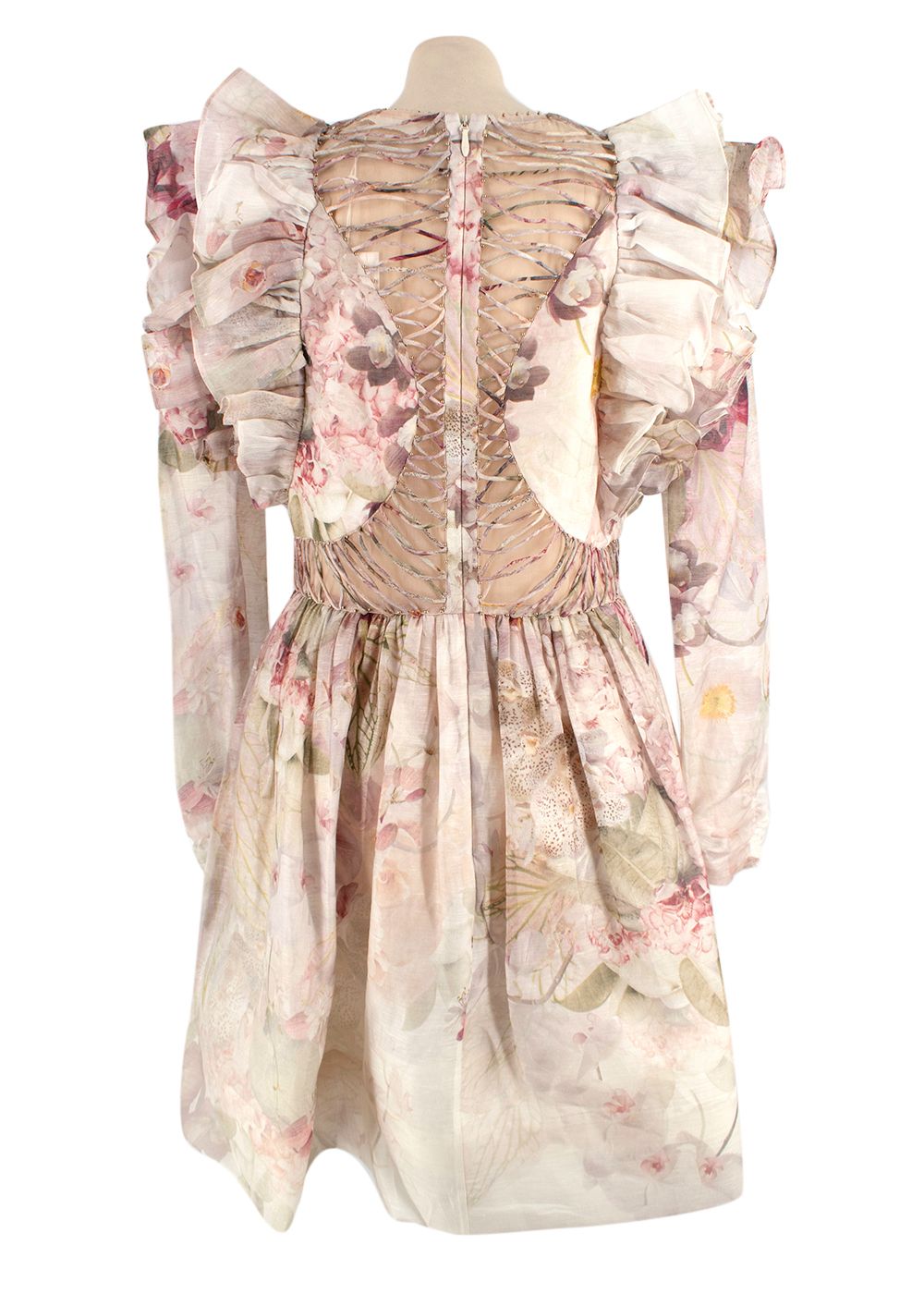 Zimmermann Dancer Ruffled Bead-Embellished Floral-Print Linen And Silk-Blend Organza Mini Dress Size M pink, cream, sage