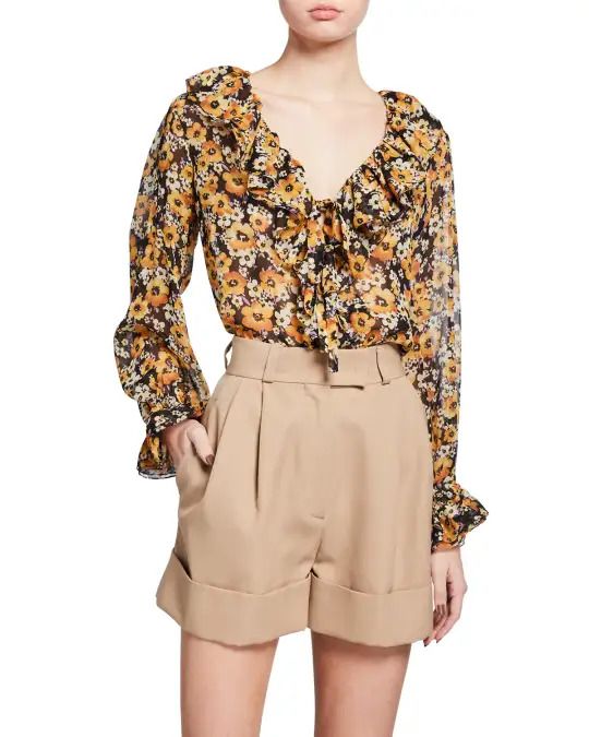 Preowned Saint Laurent Floral Ruffled Silk Blouse Size M Multi