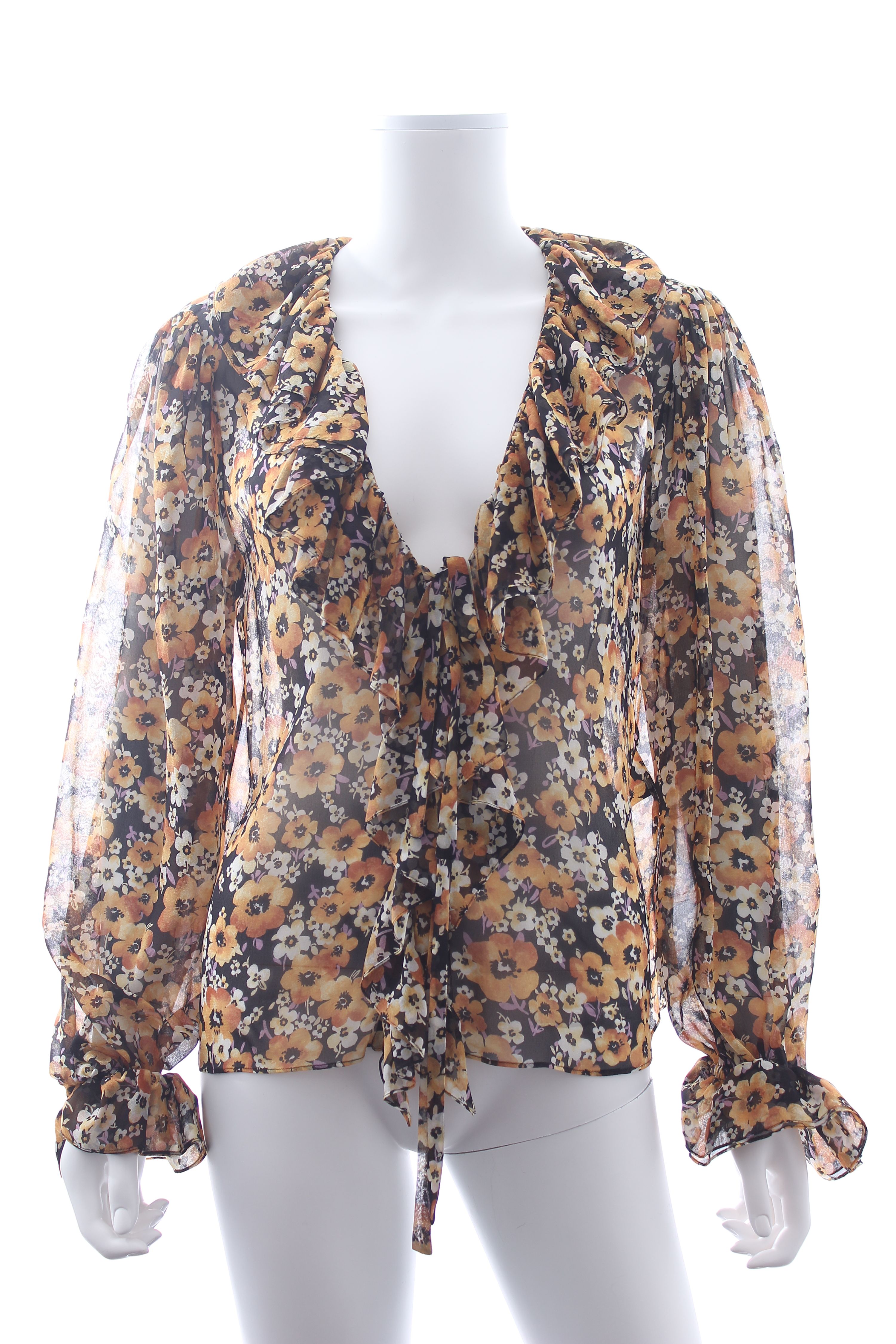 Preowned Saint Laurent Floral Ruffled Silk Blouse Size M Multi