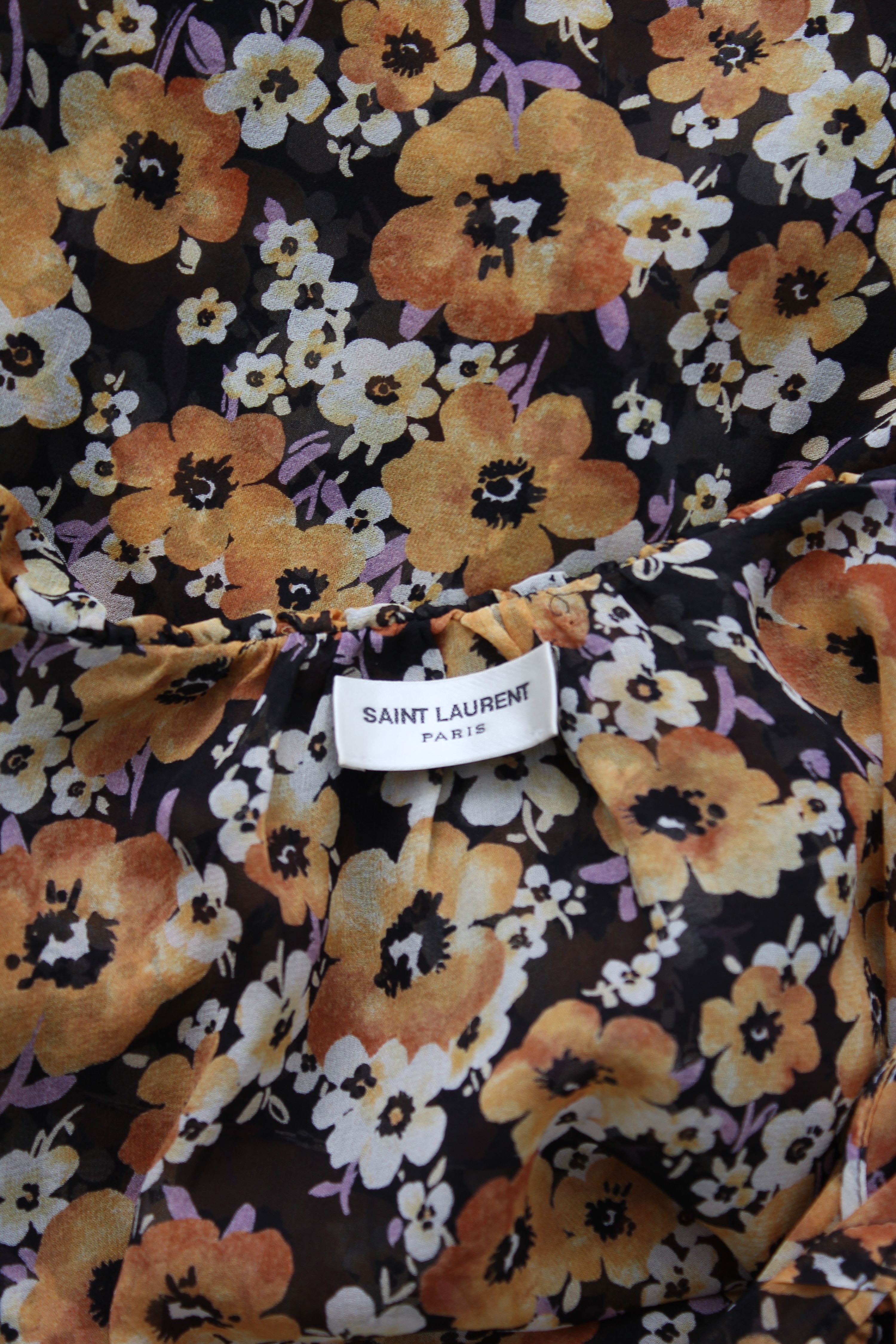 Preowned Saint Laurent Floral Ruffled Silk Blouse Size M Multi