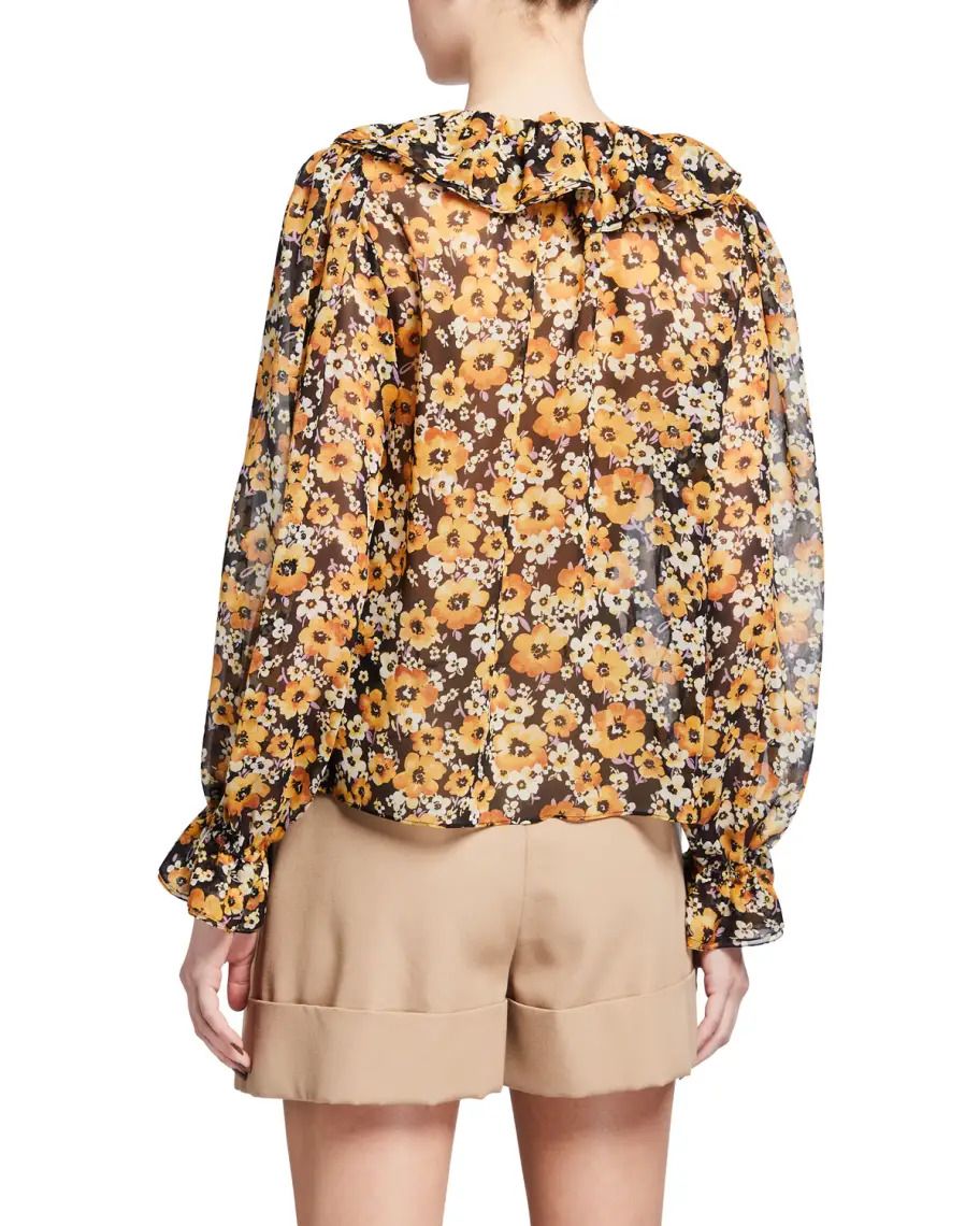 Preowned Saint Laurent Floral Ruffled Silk Blouse Size M Multi