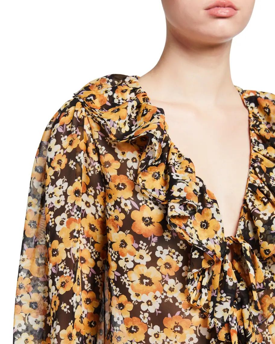 Preowned Saint Laurent Floral Ruffled Silk Blouse Size M Multi