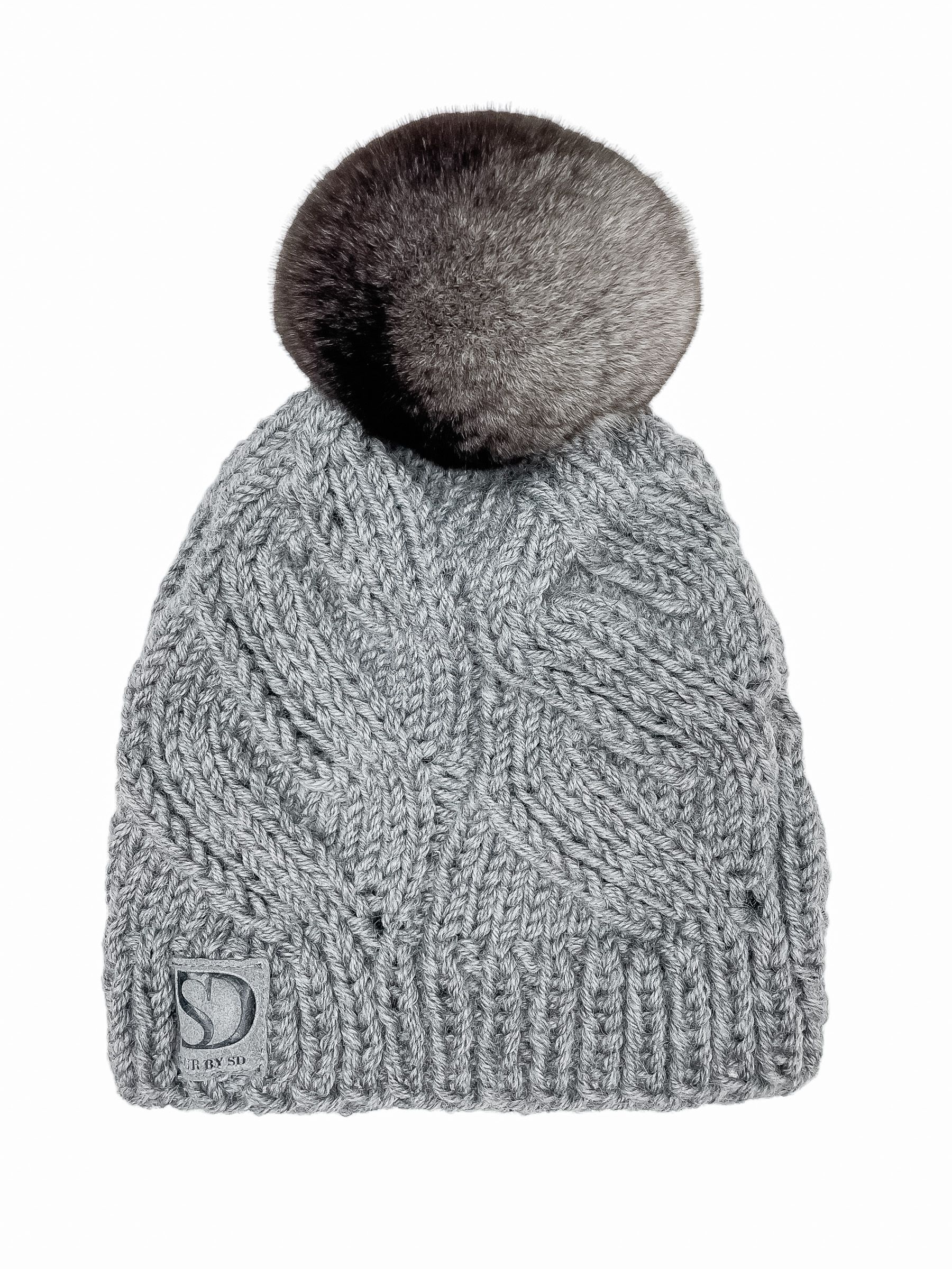 FurbySD Cable Knit Hat with Chinchilla Fur Pom Pom Grey