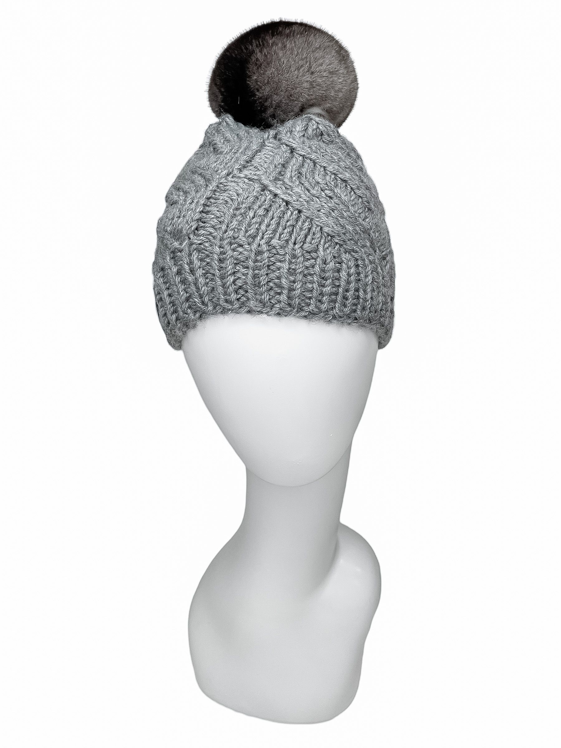 FurbySD Cable Knit Hat with Chinchilla Fur Pom Pom Grey