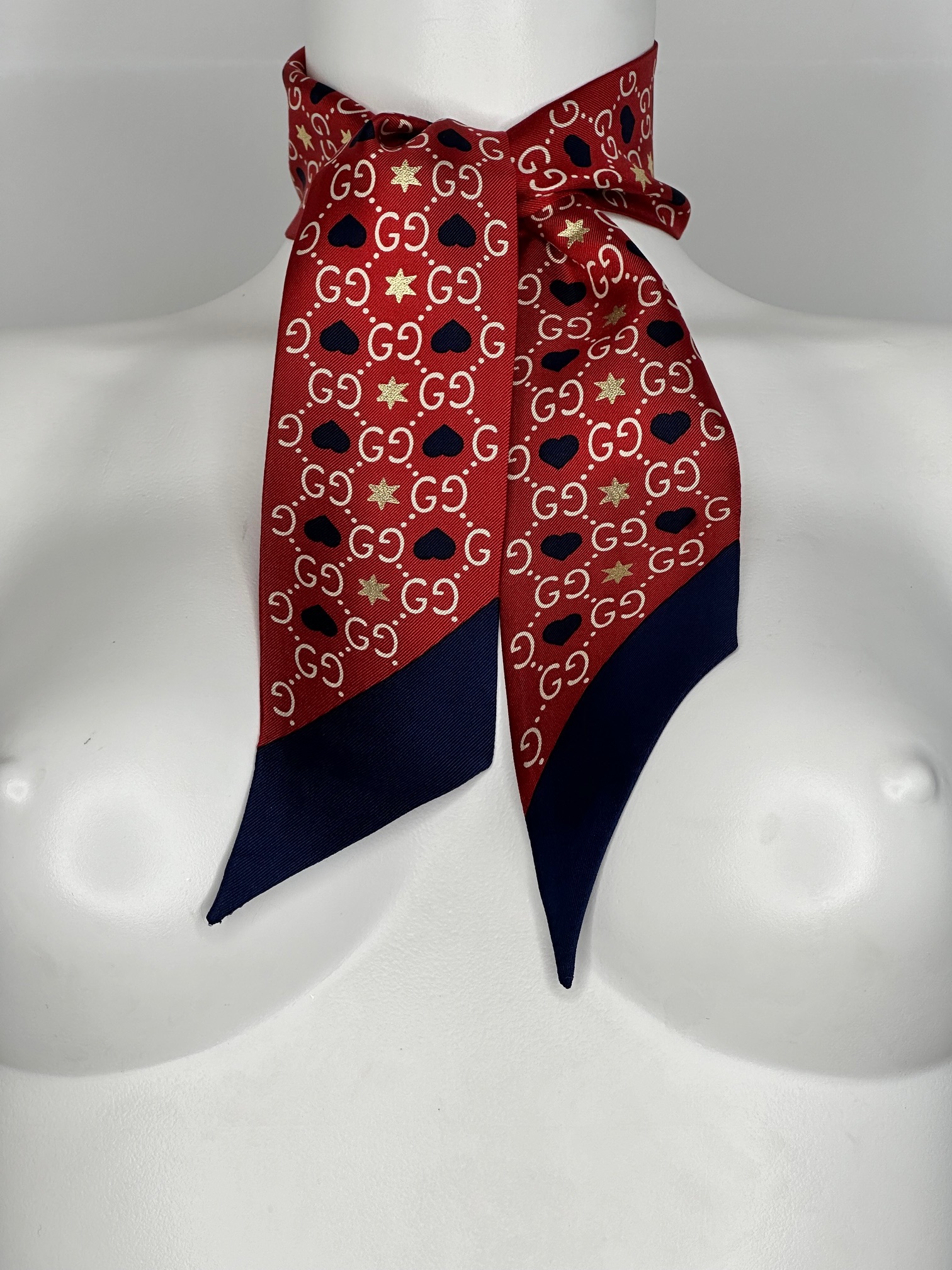 Gucci Red Heart Print Silk Twilly Red/Night Blue