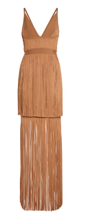 Herve Leger Toffee Plunging Fringe Gown Size XS rayon/nylon