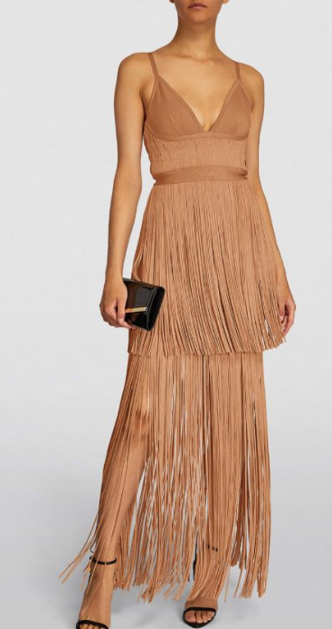 Herve Leger Toffee Plunging Fringe Gown Size XS rayon/nylon