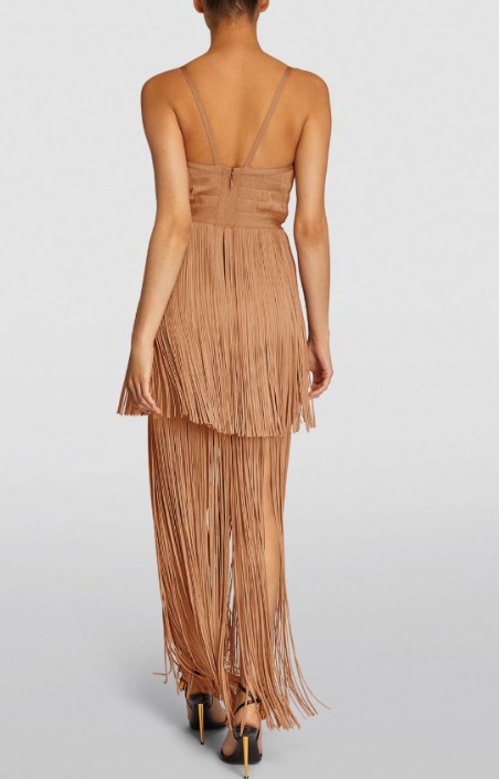 Herve Leger Toffee Plunging Fringe Gown Size XS rayon/nylon