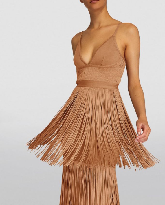 Herve Leger Toffee Plunging Fringe Gown Size XS rayon/nylon