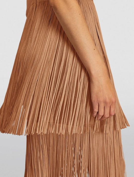 Herve Leger Toffee Plunging Fringe Gown Size XS rayon/nylon