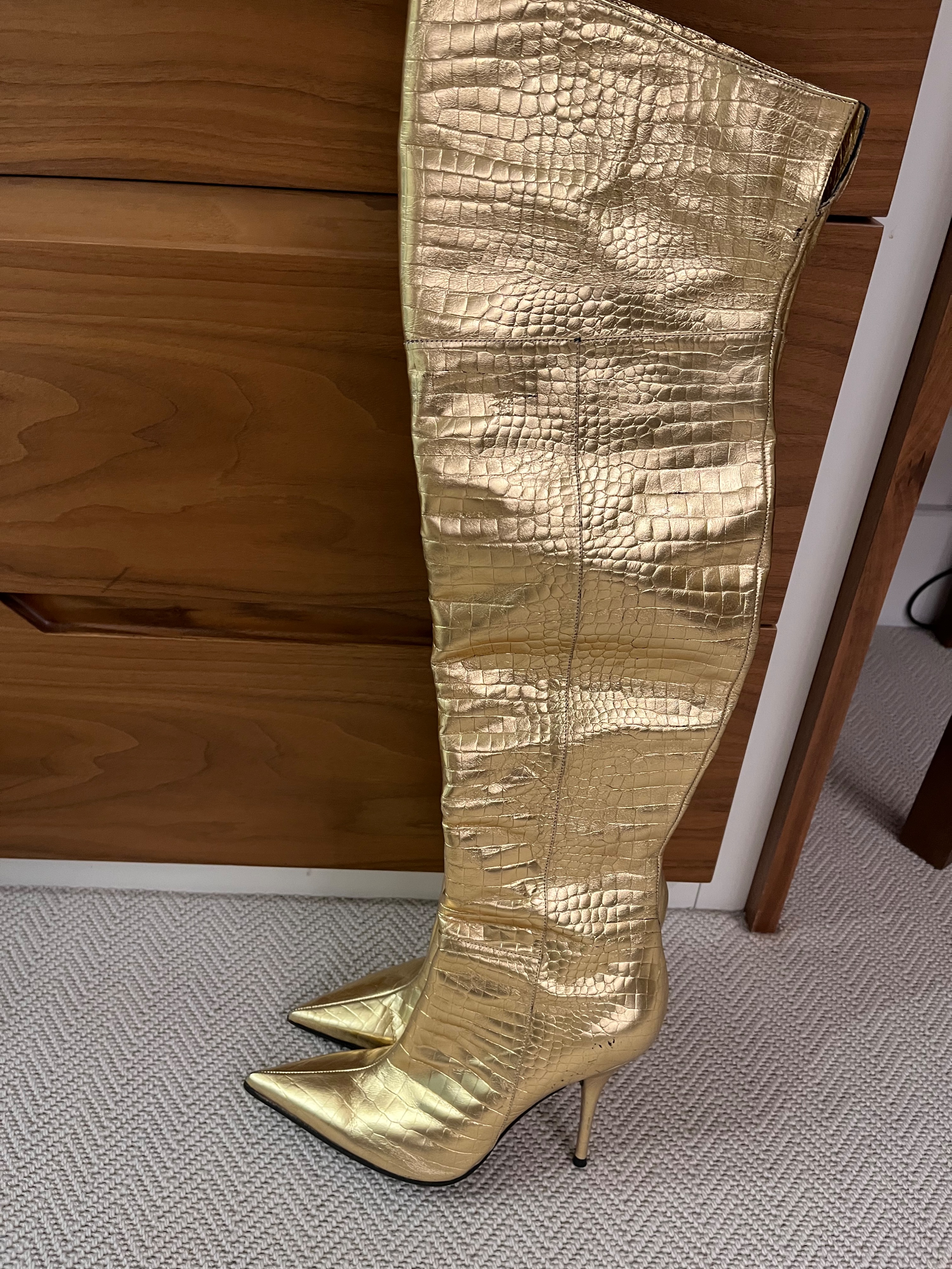 Casadei Gold Croc Embossed Thigh Boots Size 38 leather