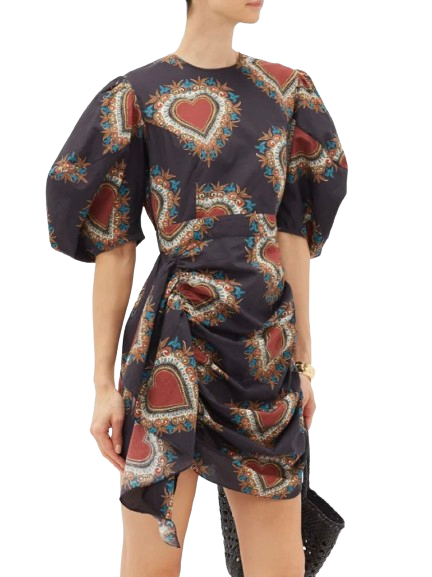 Rhode Pia Ruched-Waist Heart-Print Cotton Dress Size XL Black