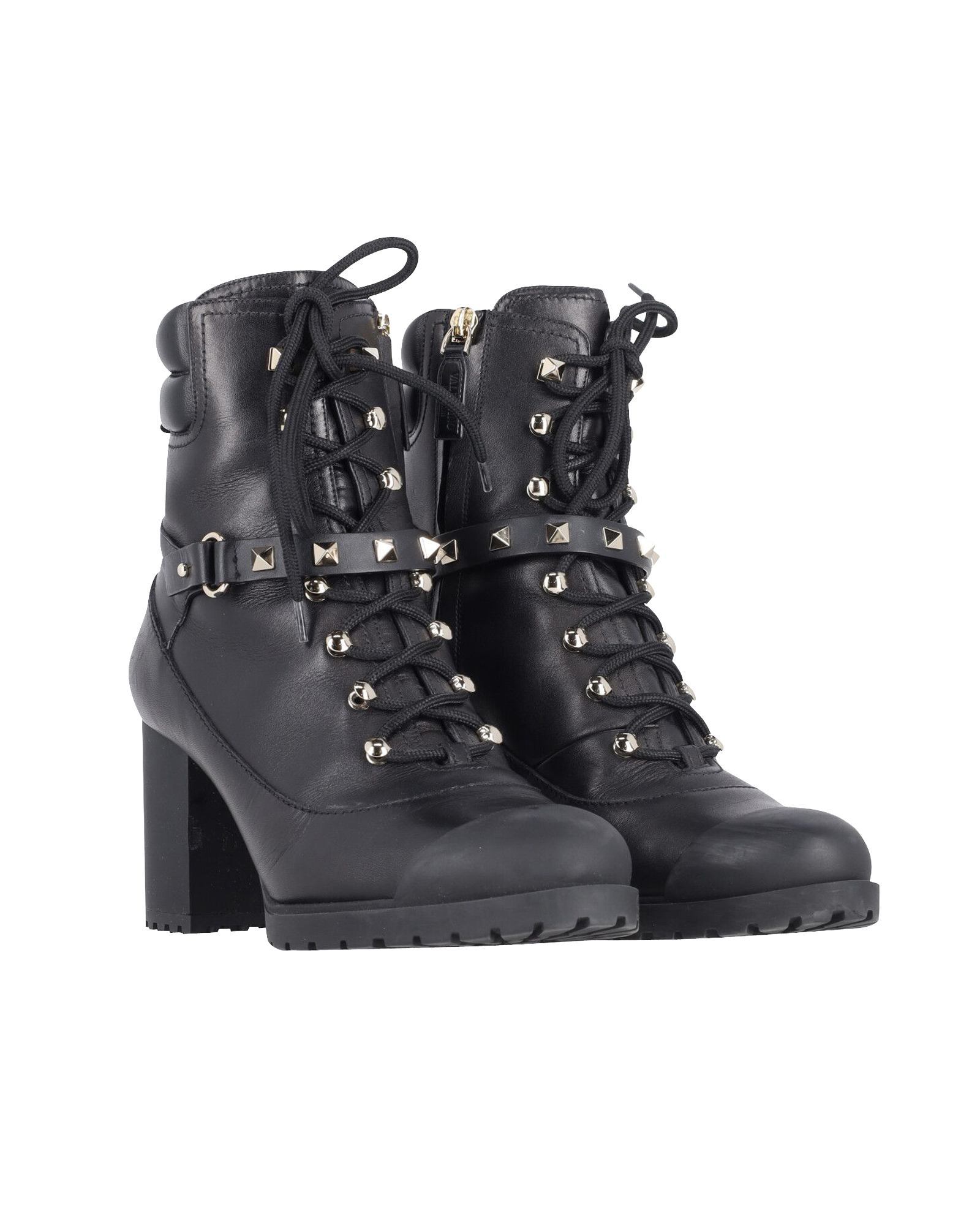 Preowned Valentino Garavani Black Leather Rockstud Combat Boots Size 38