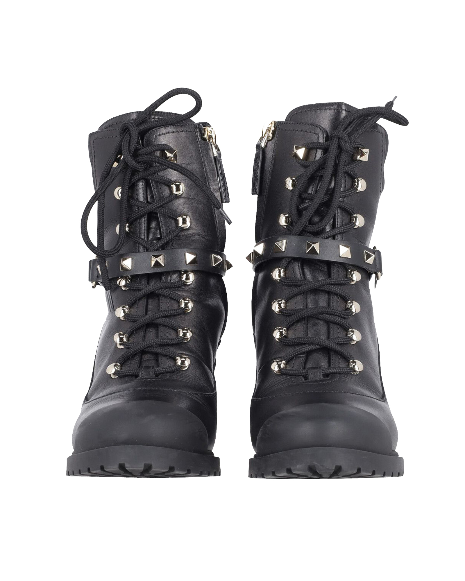 Preowned Valentino Garavani Black Leather Rockstud Combat Boots Size 38