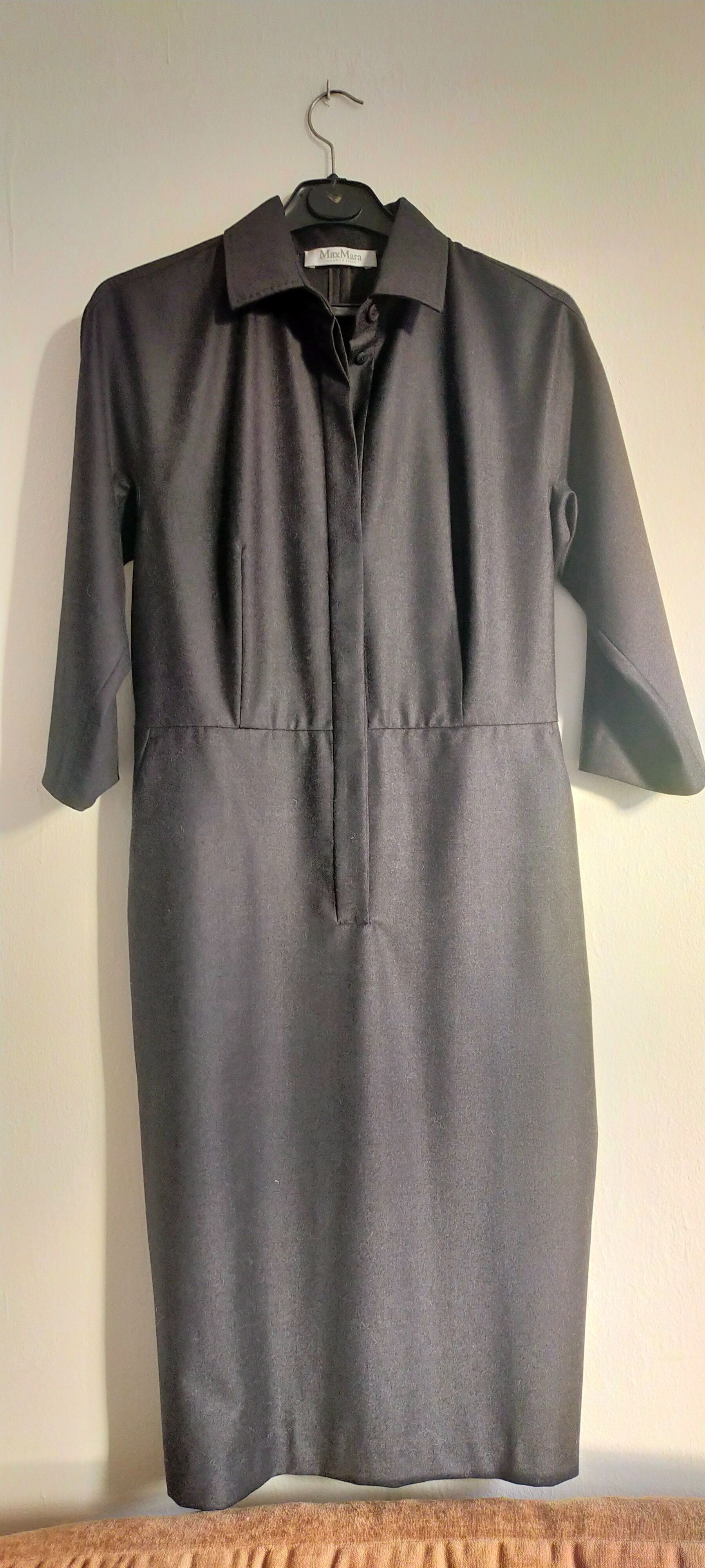 Preowned MaxMara Charcoal Wool Felt Belted Shirt Dress Size M grey