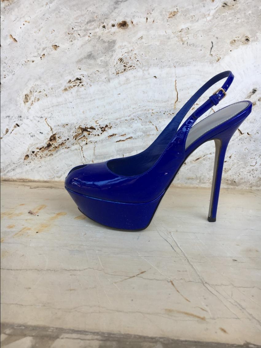 Preowned Sergio Rossi Blue Patent Peep-Toe Slingback Pumps Size 37 leather