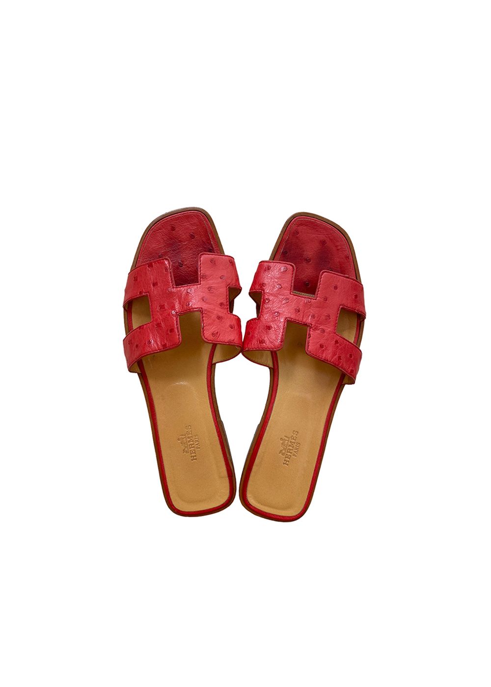 Preowned Hermes Red Ostrich Leather Oran Sandals Size 385 Crimson/Red