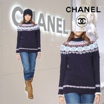 Preowned Chanel Coco Neige Intarsia Knit Jumper Size M Blue wool