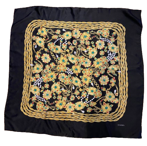 Preowned Chanel Vintage Black Jewel Print Silk Scarf Black with gold green red