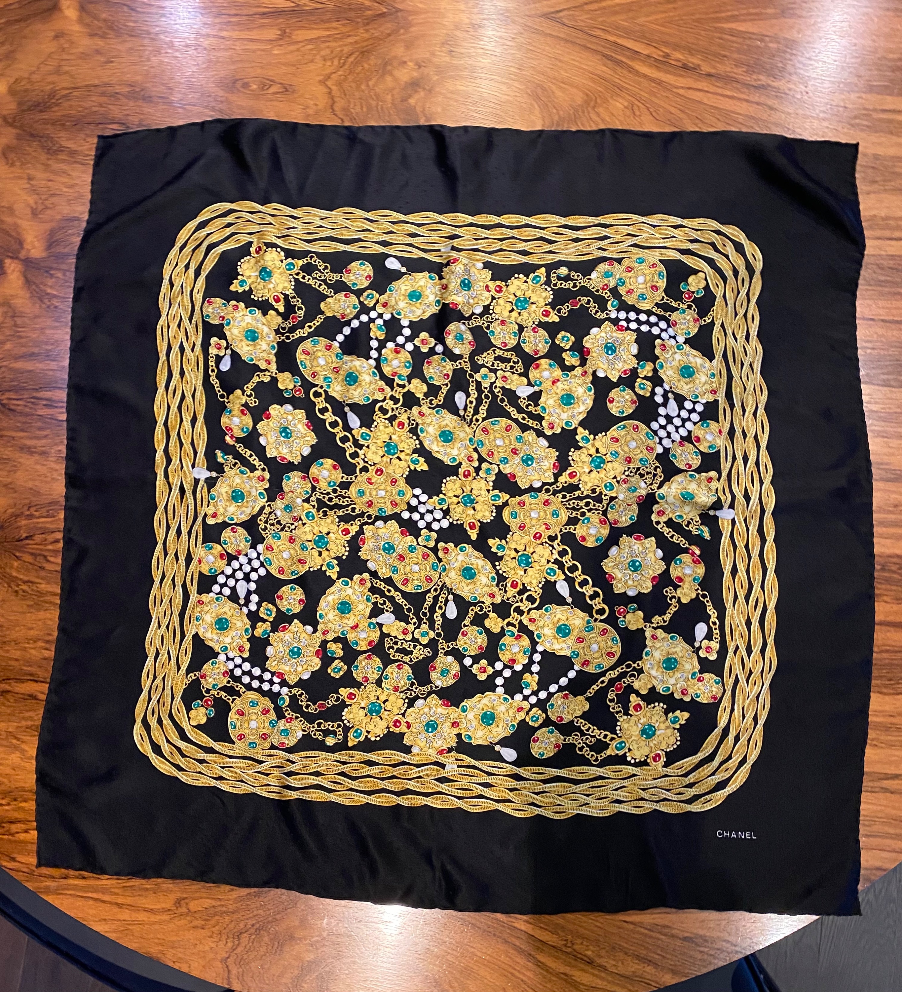 Preowned Chanel Vintage Black Jewel Print Silk Scarf Black with gold green red