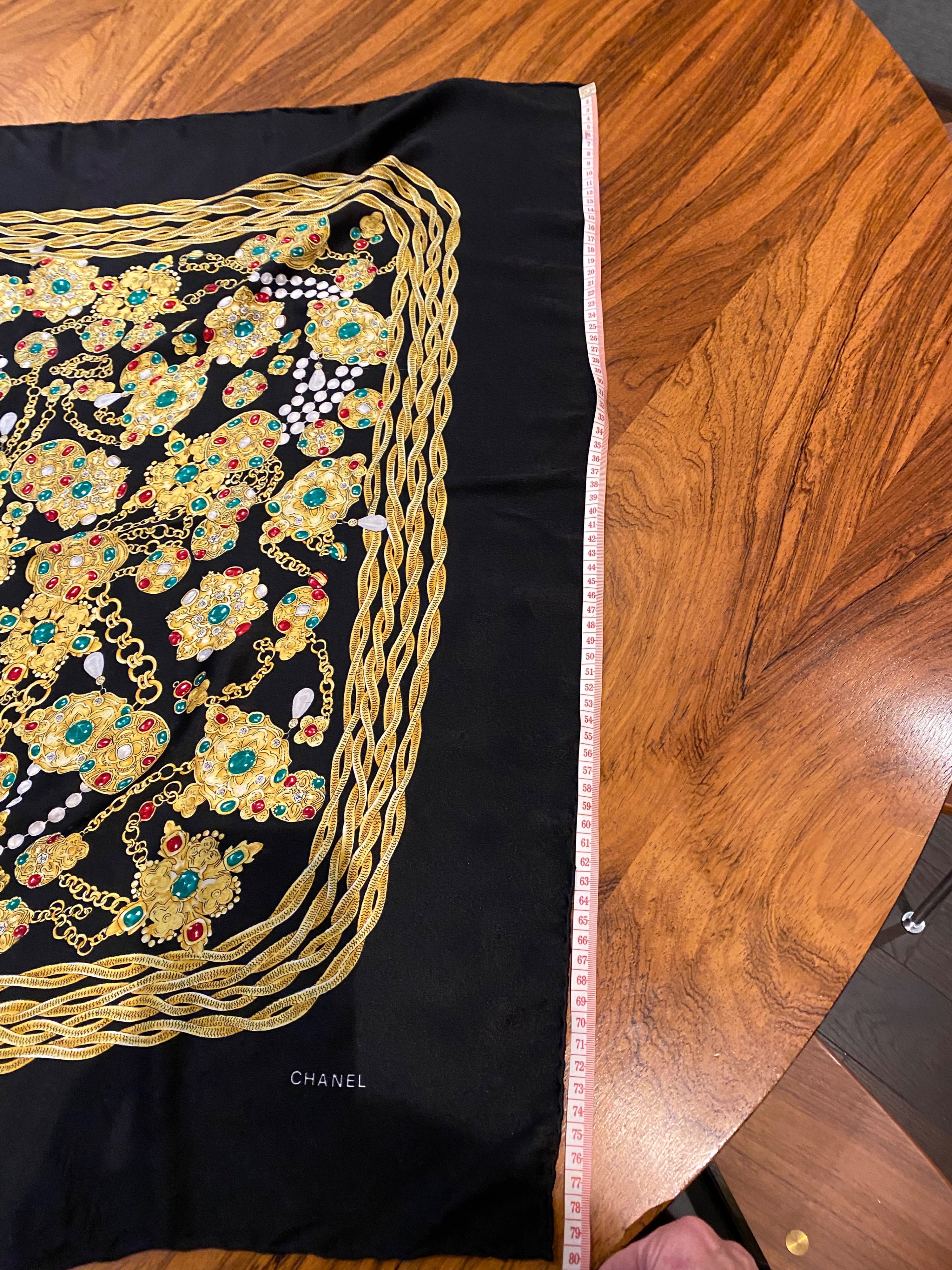 Preowned Chanel Vintage Black Jewel Print Silk Scarf Black with gold green red