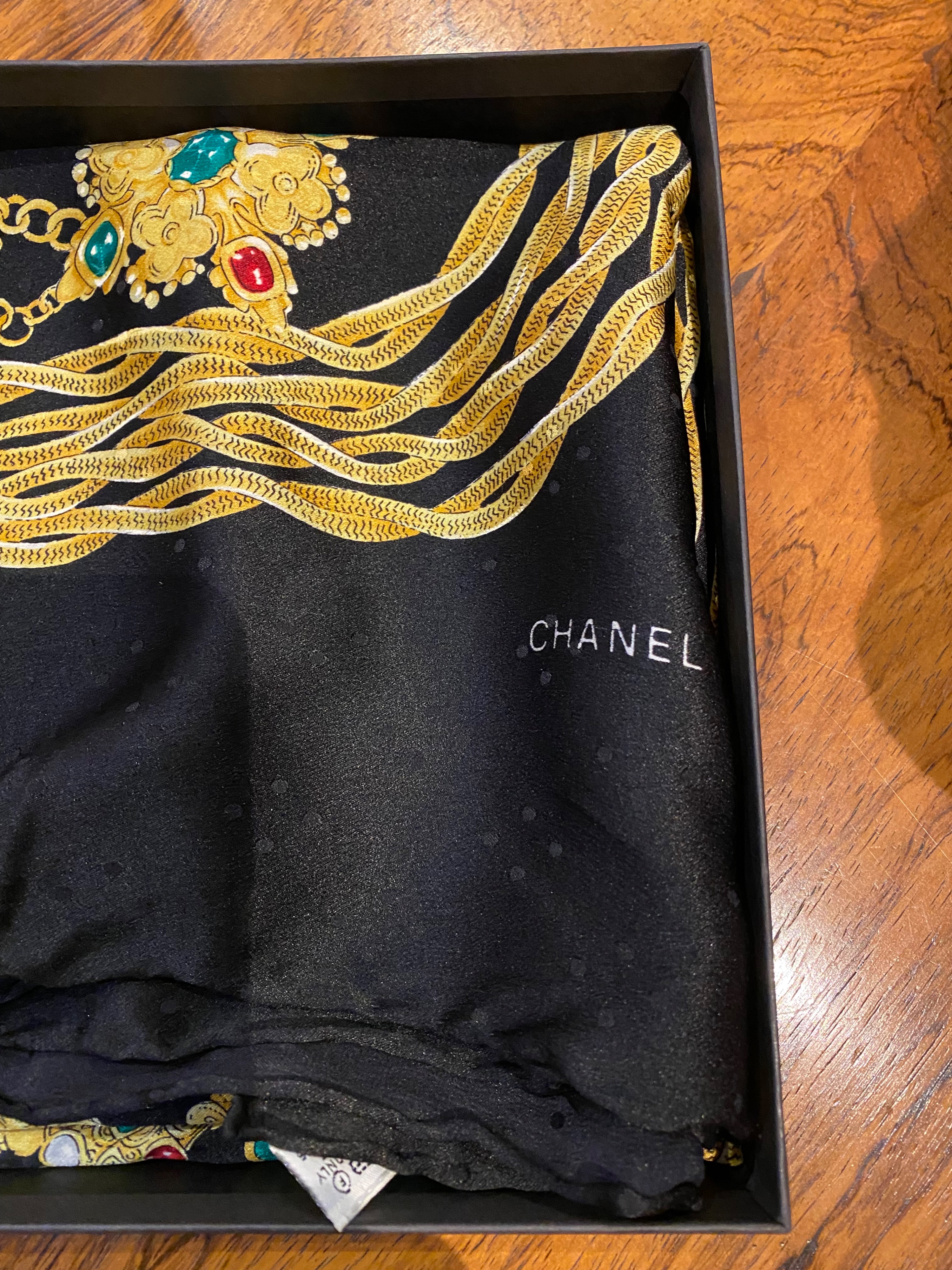 Preowned Chanel Vintage Black Jewel Print Silk Scarf Black with gold green red