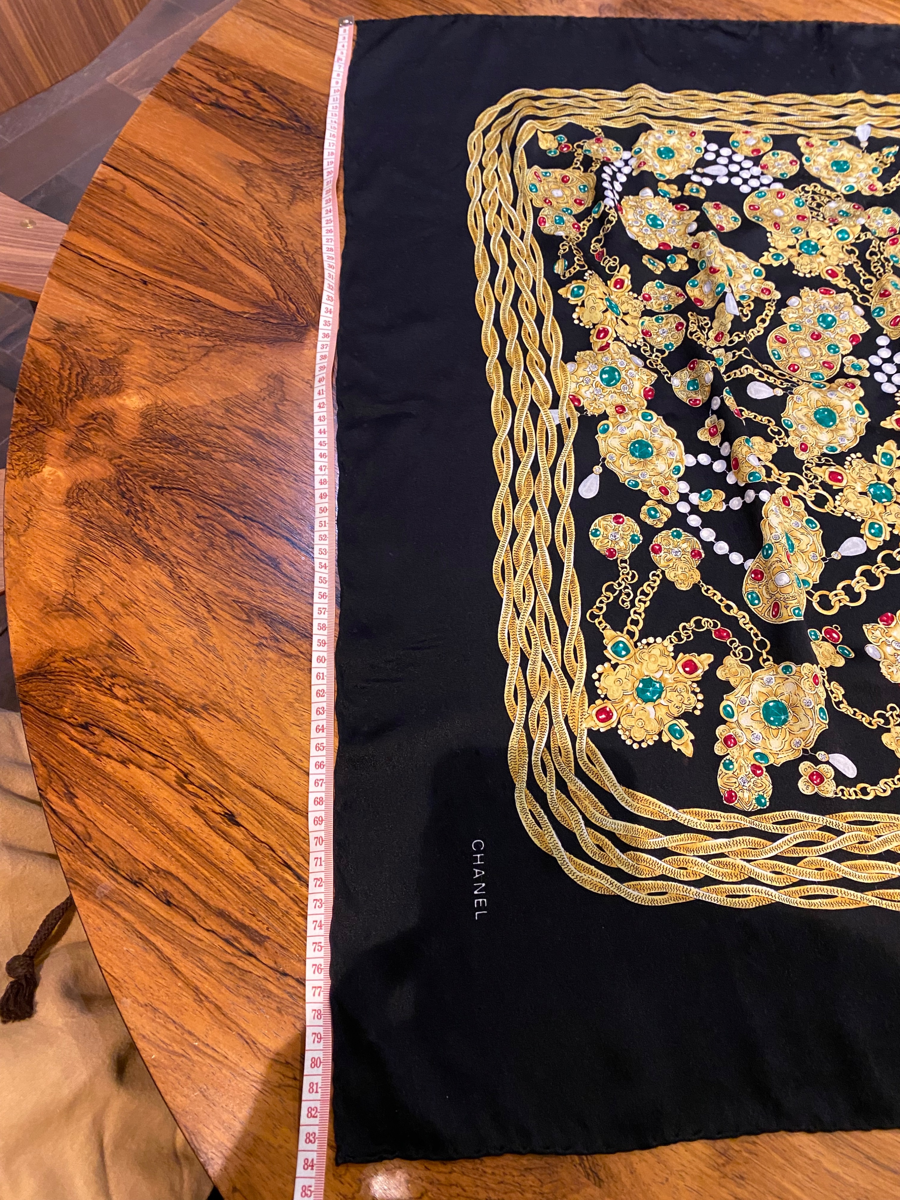 Preowned Chanel Vintage Black Jewel Print Silk Scarf Black with gold green red