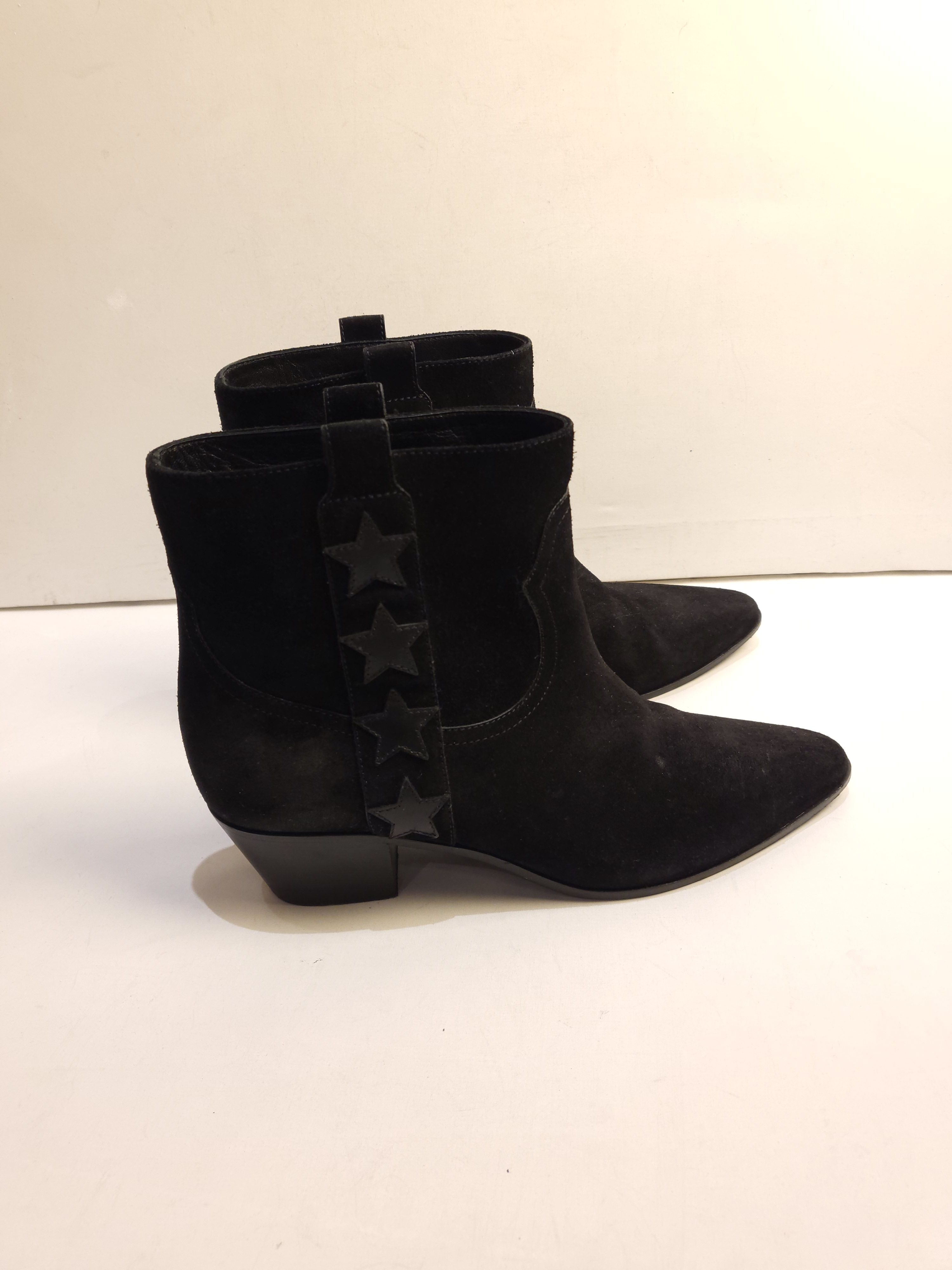 Preowned Saint Laurent Star Applique Suede Ankle Boots Size 385 Black