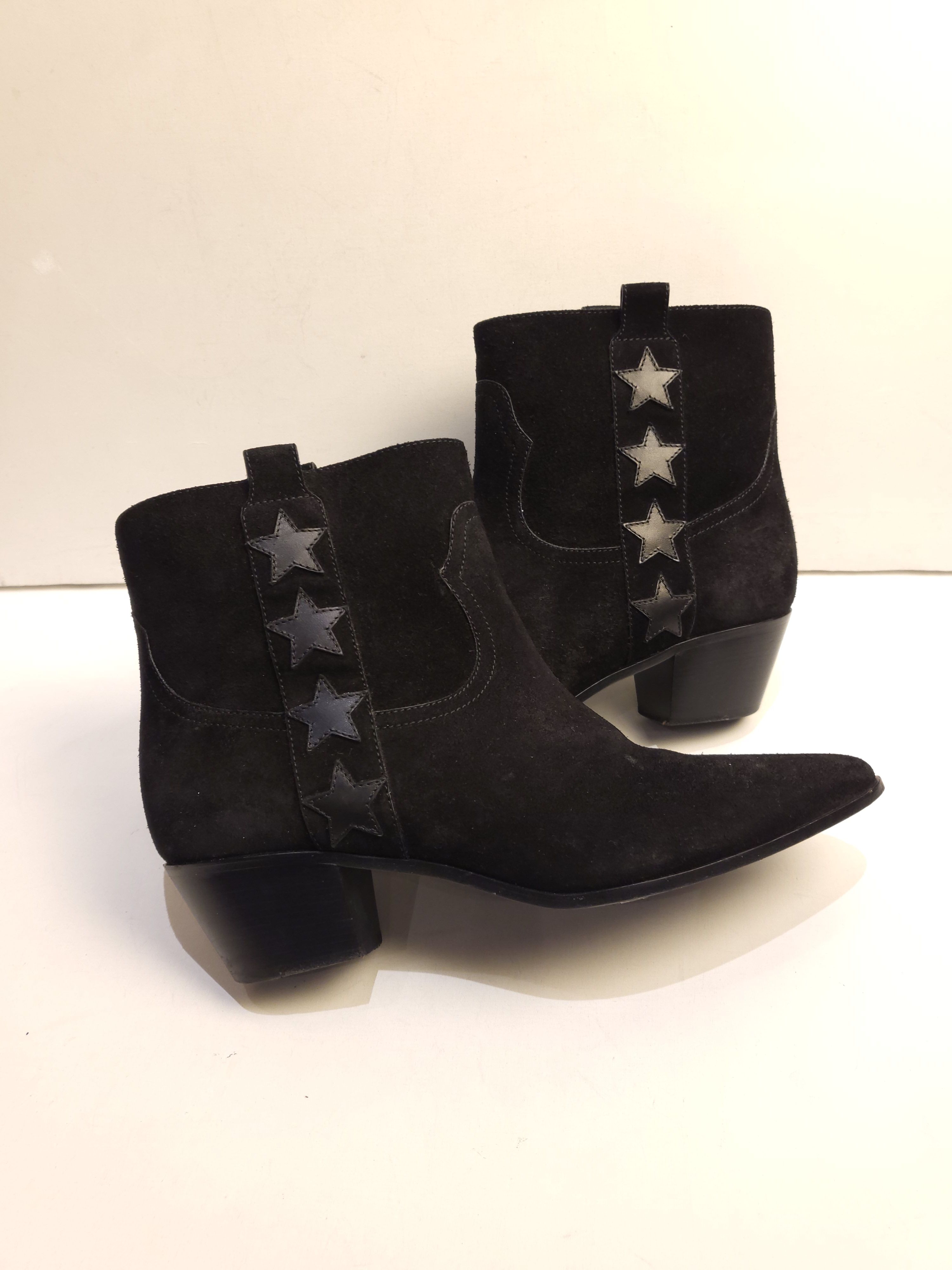 Preowned Saint Laurent Star Applique Suede Ankle Boots Size 385 Black