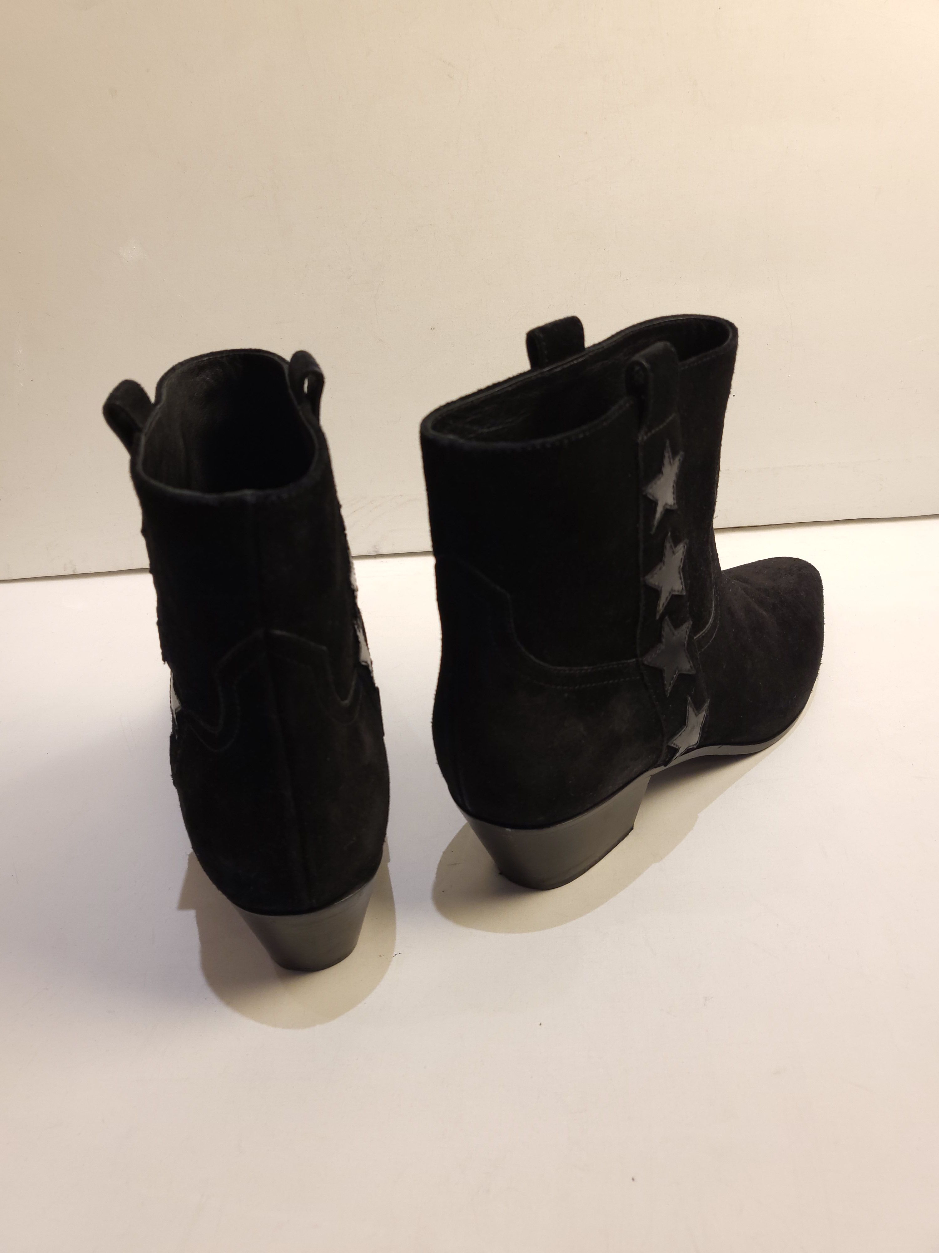 Preowned Saint Laurent Star Applique Suede Ankle Boots Size 385 Black