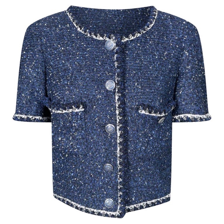 Preowned Chanel Navy Short Sleeve Tweed Jacket Size XS