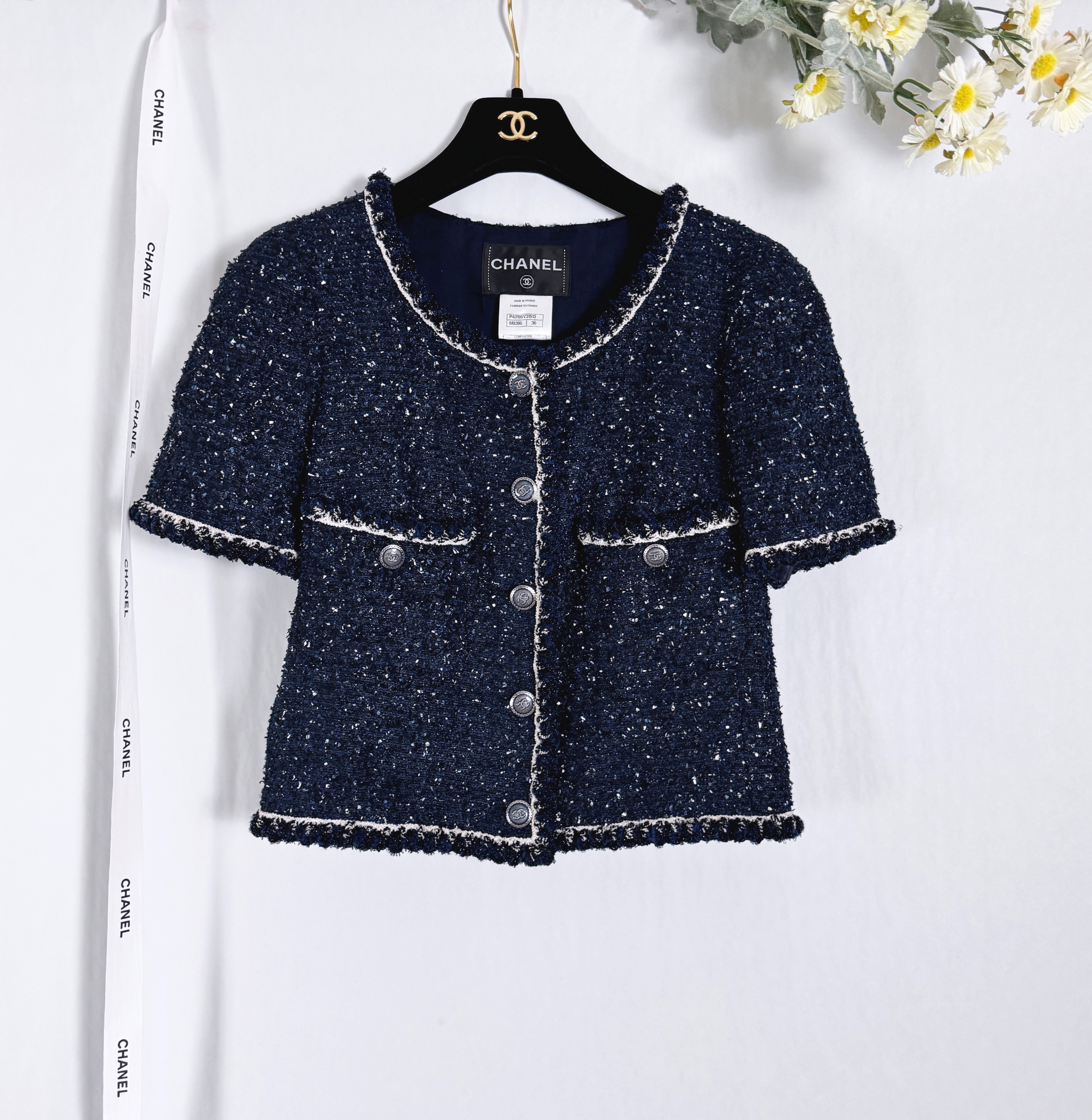 Preowned Chanel Navy Short Sleeve Tweed Jacket Size XS