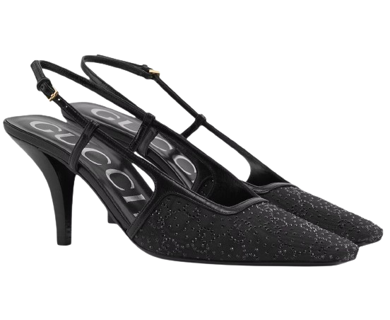 Gucci Crystal GG Slingback 75mm Pump Size 375 Black black moire fabric/leather sole