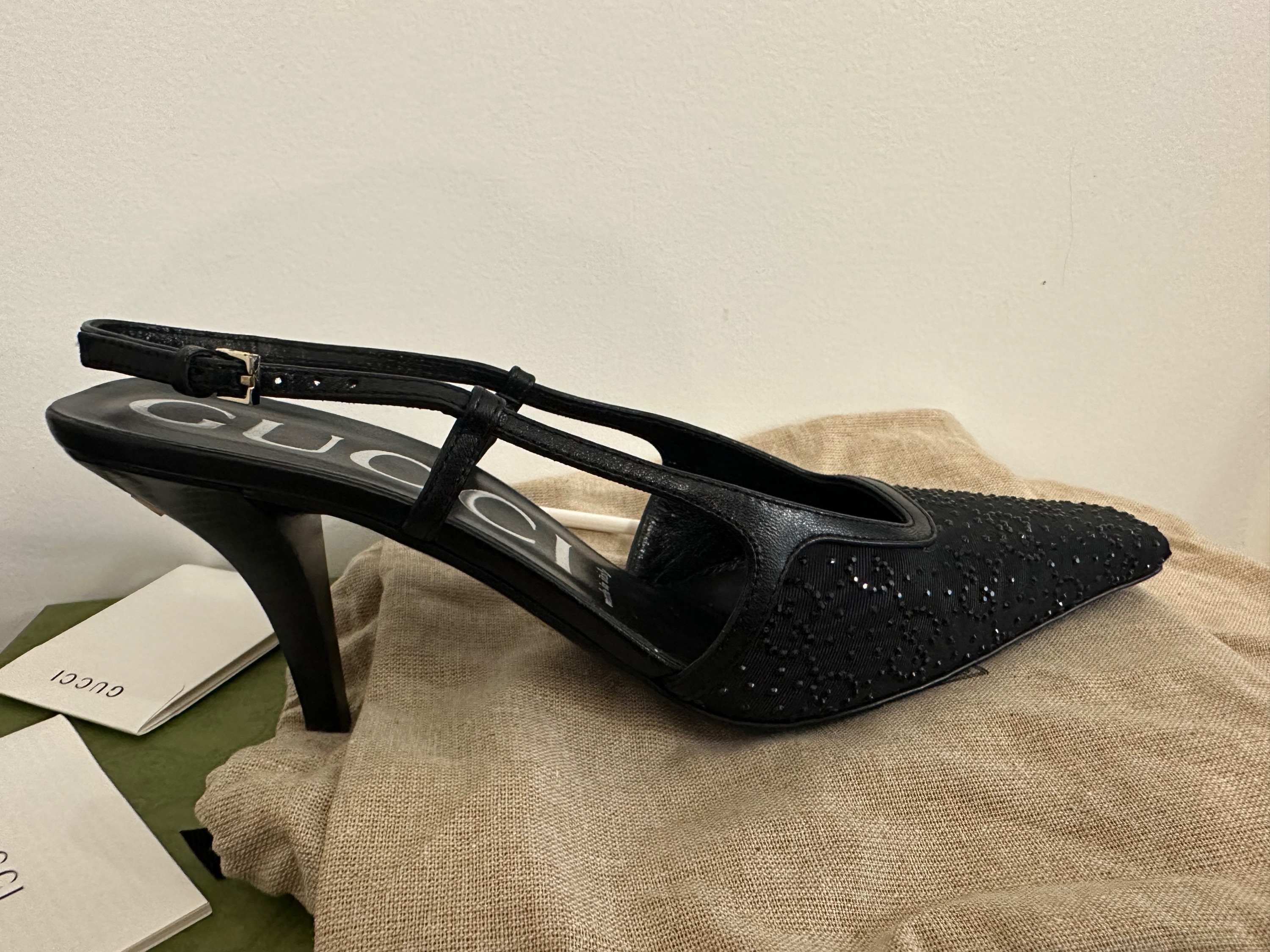 Gucci Crystal GG Slingback 75mm Pump Size 375 Black black moire fabric/leather sole