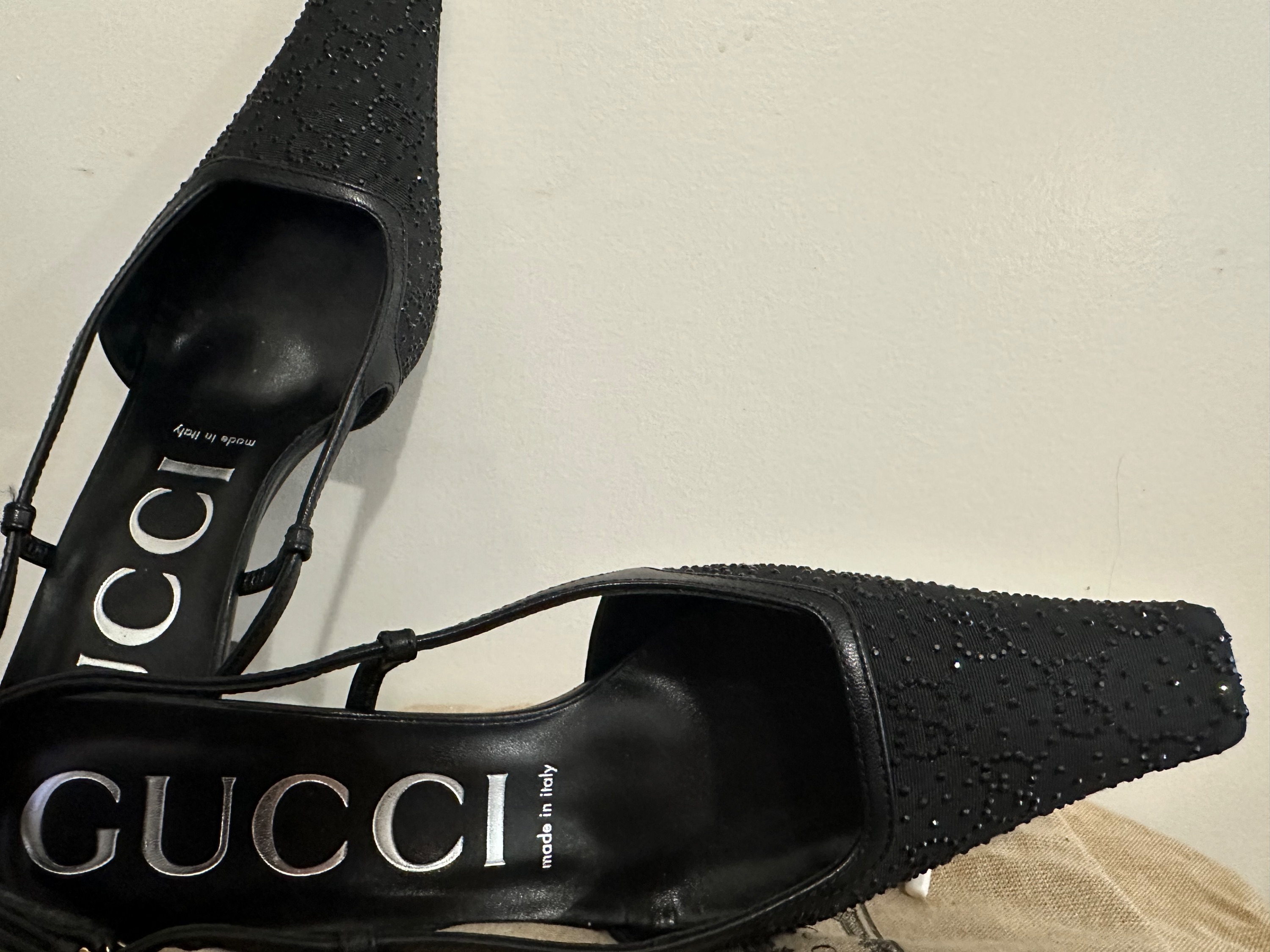 Gucci Crystal GG Slingback 75mm Pump Size 375 Black black moire fabric/leather sole