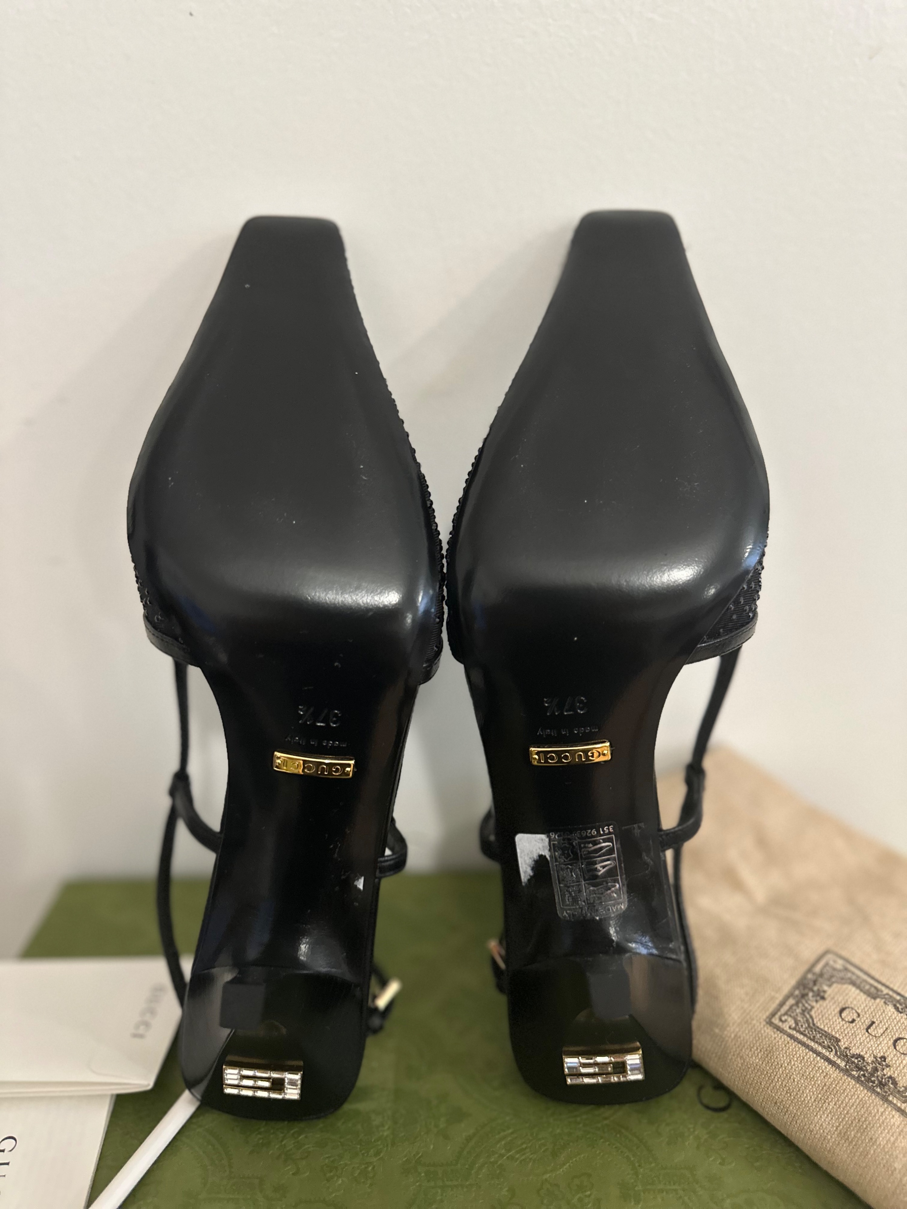 Gucci Crystal GG Slingback 75mm Pump Size 375 Black black moire fabric/leather sole