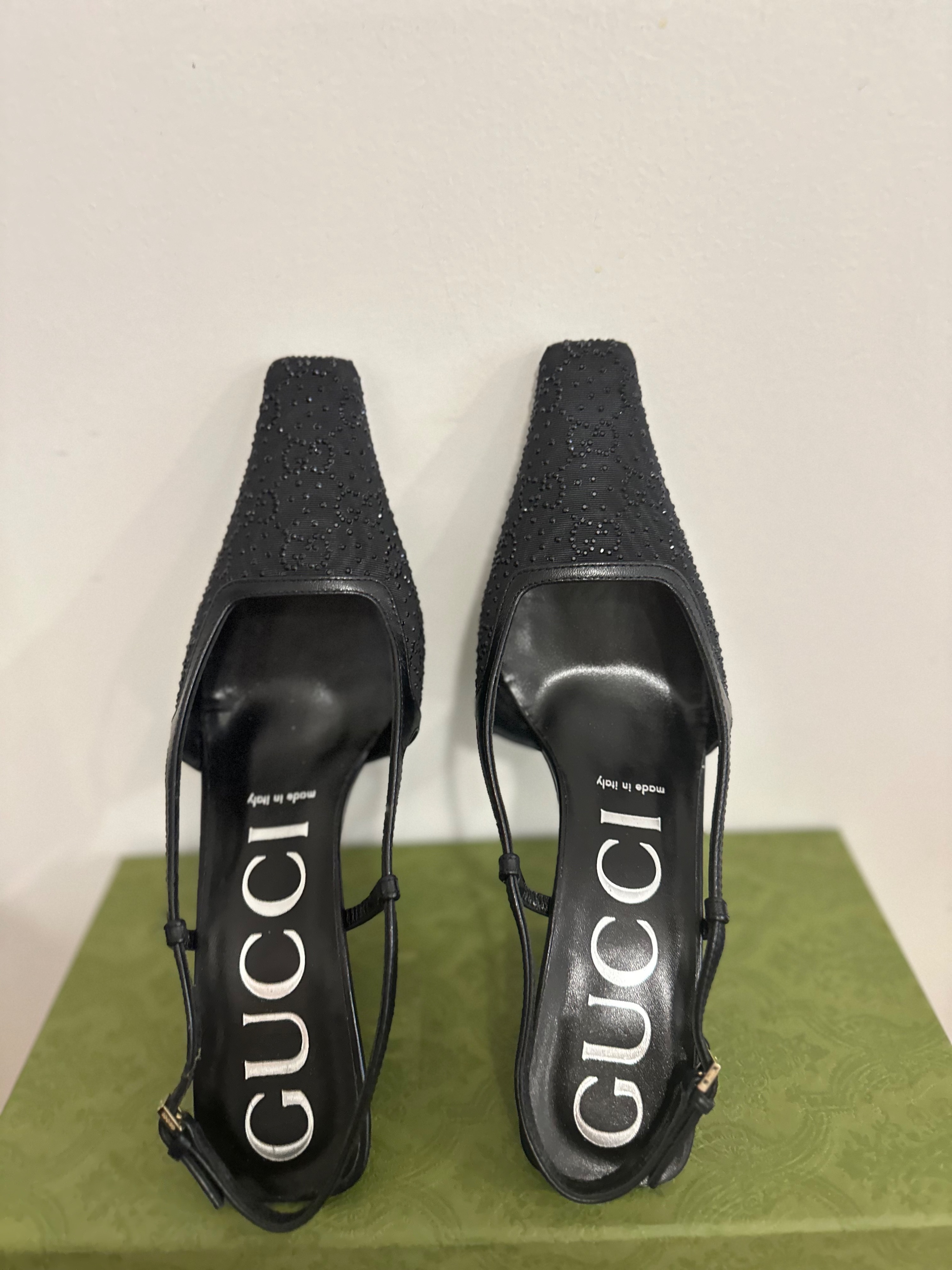 Gucci Crystal GG Slingback 75mm Pump Size 375 Black black moire fabric/leather sole