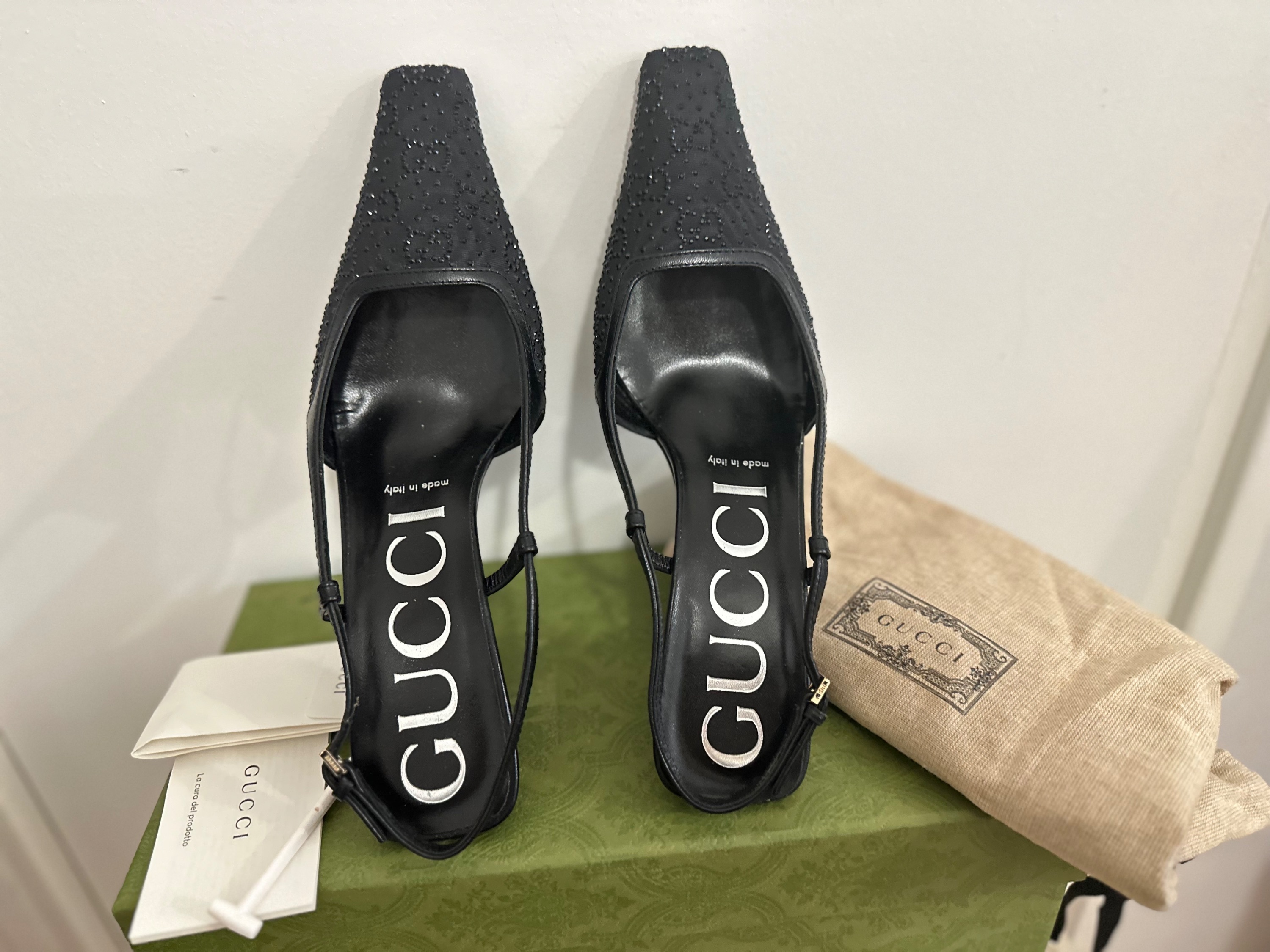 Gucci Crystal GG Slingback 75mm Pump Size 375 Black black moire fabric/leather sole