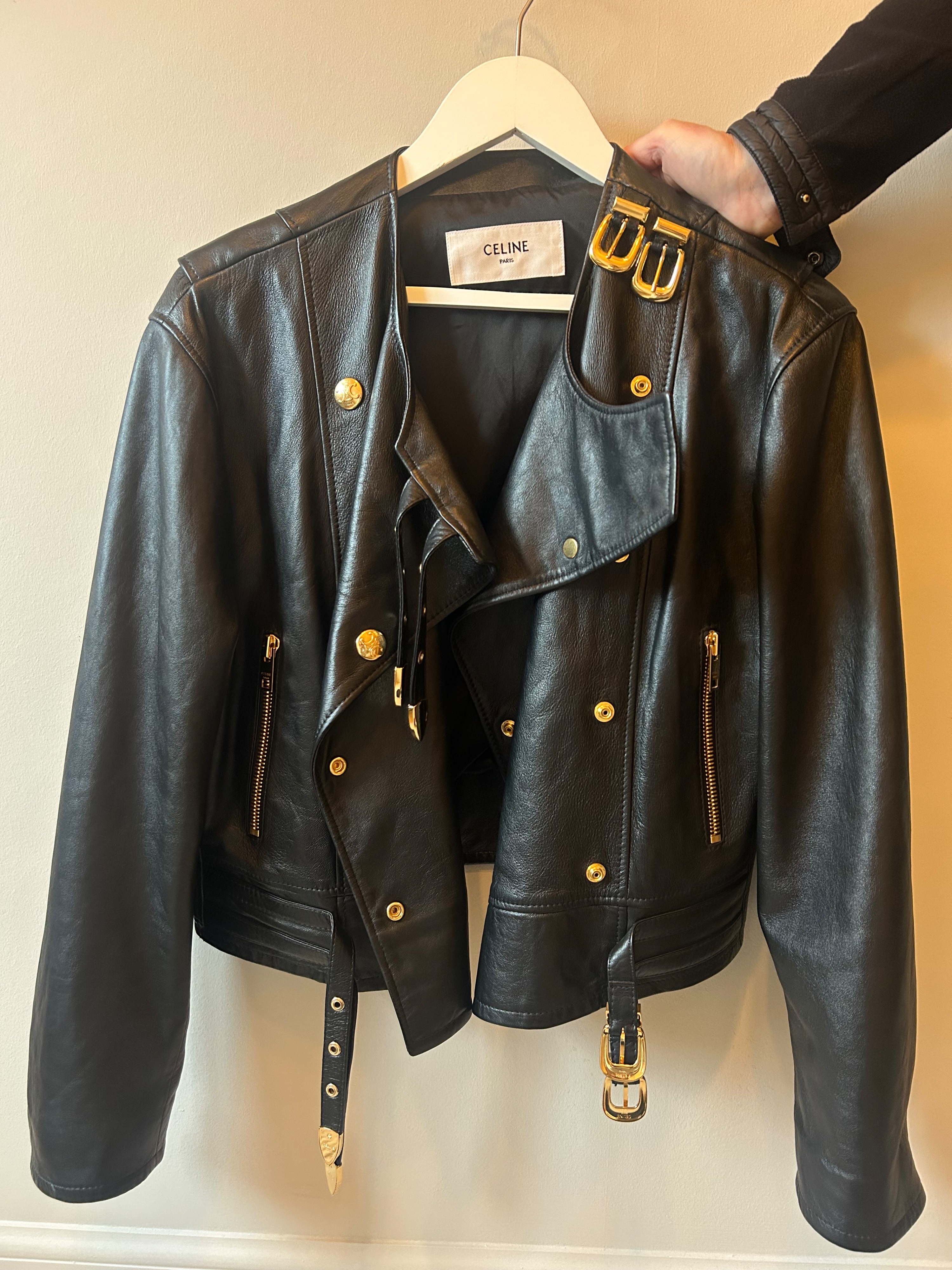 Celine Black Leather Buckle Detail Jacket Size S lambskin