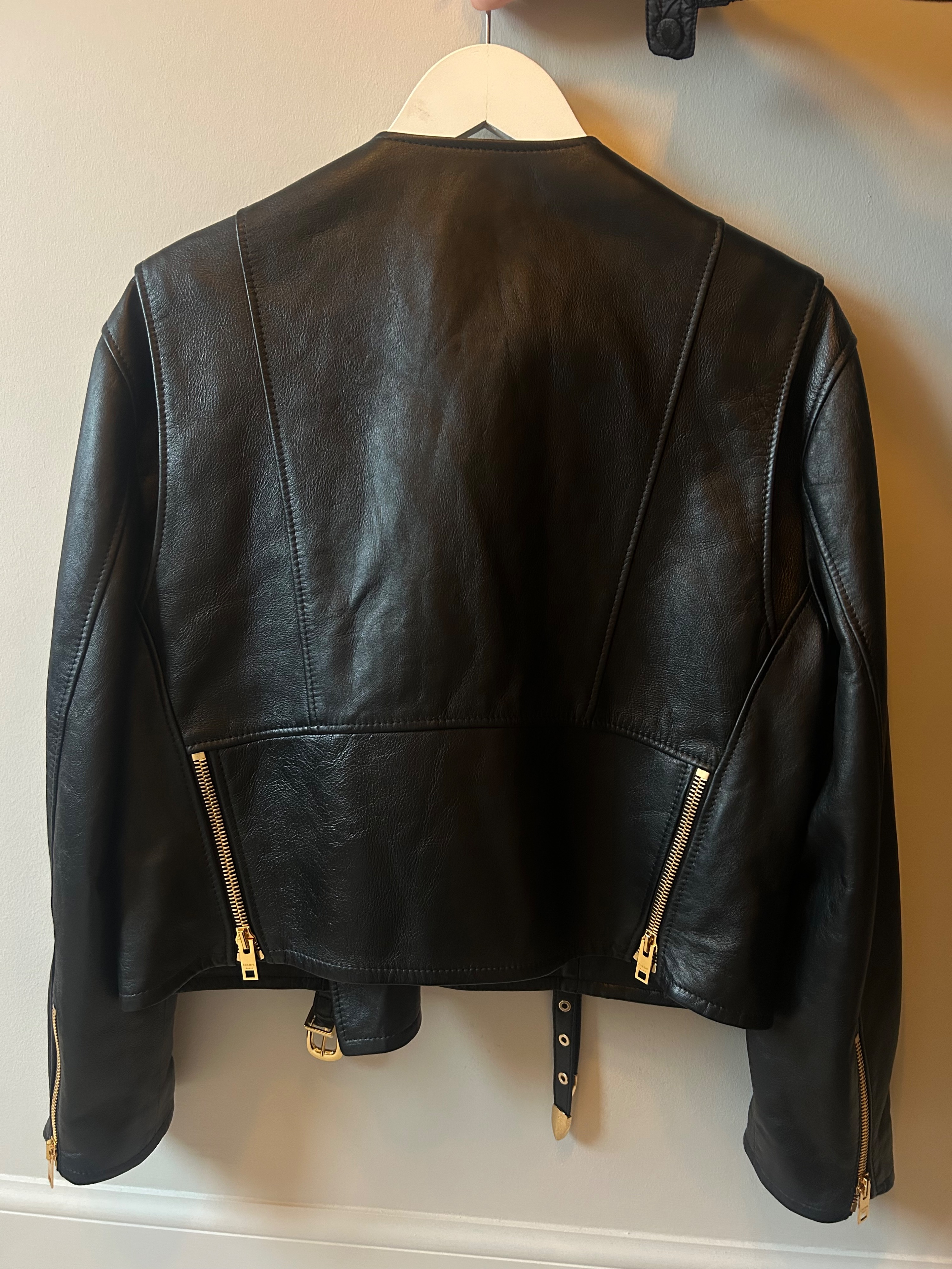 Celine Black Leather Buckle Detail Jacket Size S lambskin