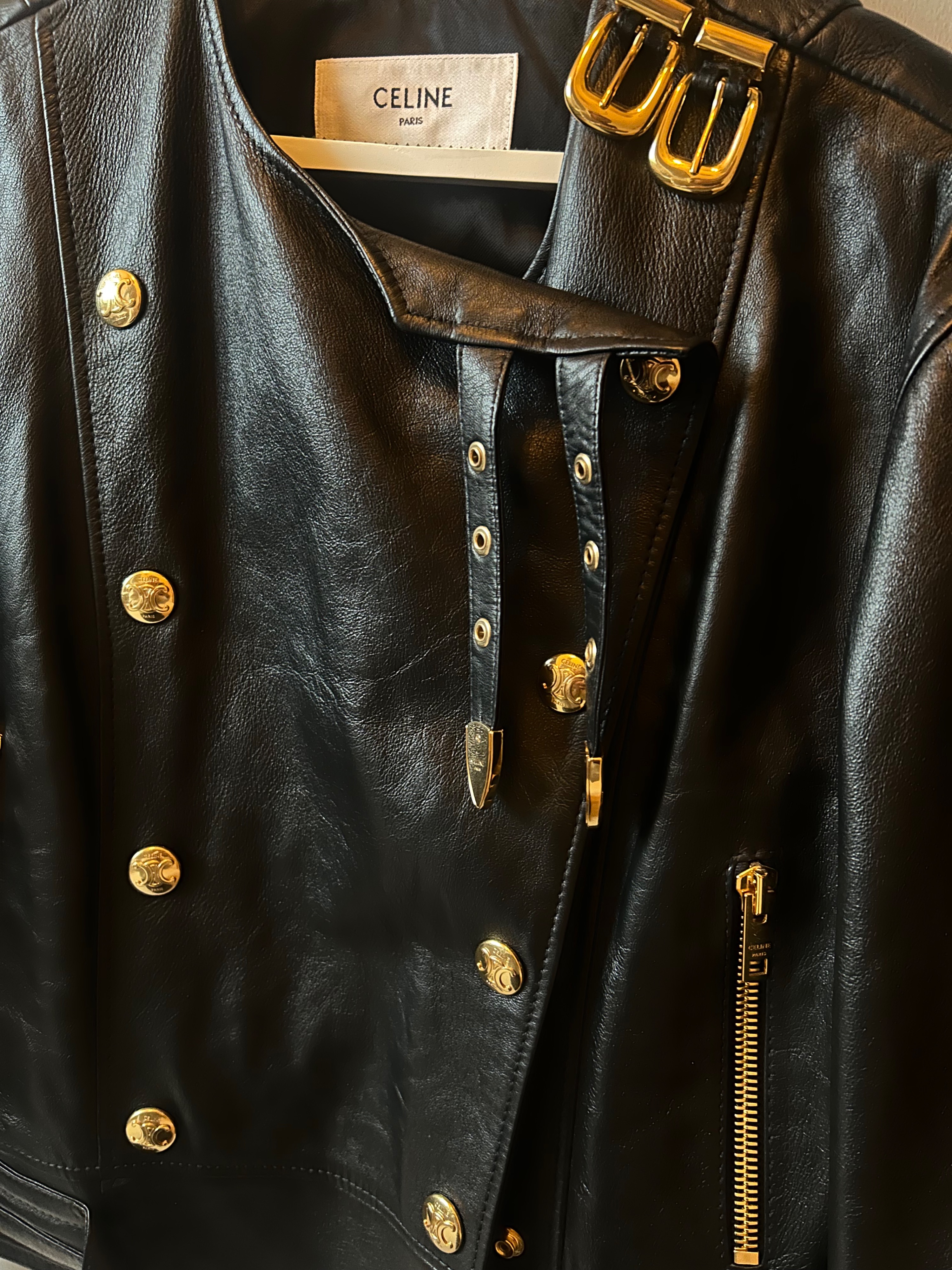 Celine Black Leather Buckle Detail Jacket Size S lambskin