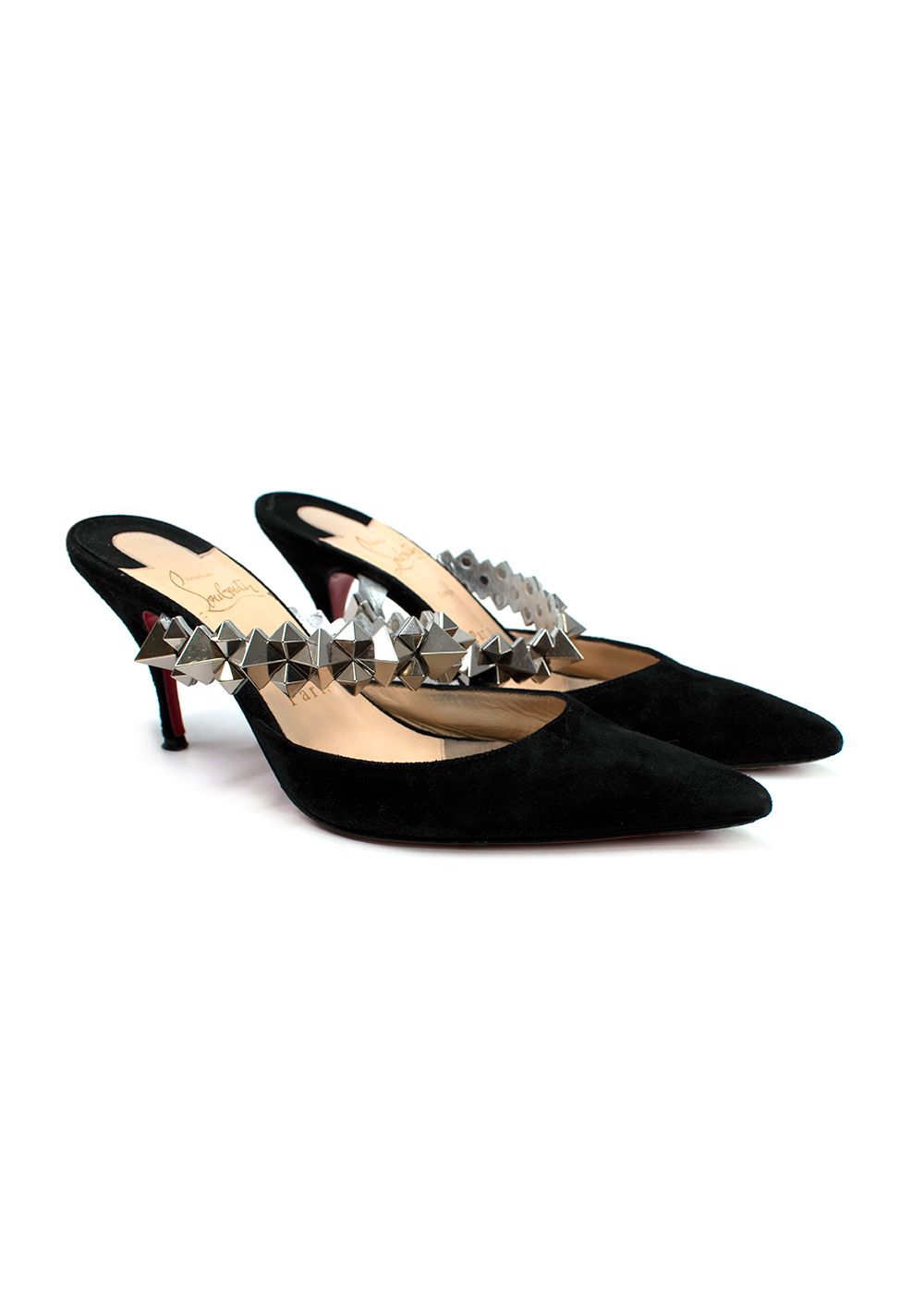 Preowned Christian Louboutin Black Suede Planet Choc Mules Size 36 Black/Silver/Red