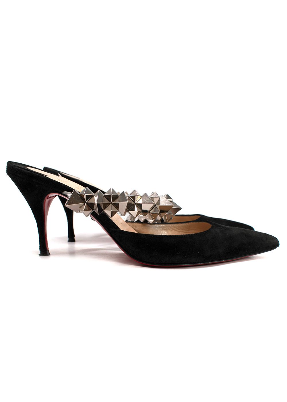 Preowned Christian Louboutin Black Suede Planet Choc Mules Size 36 Black/Silver/Red