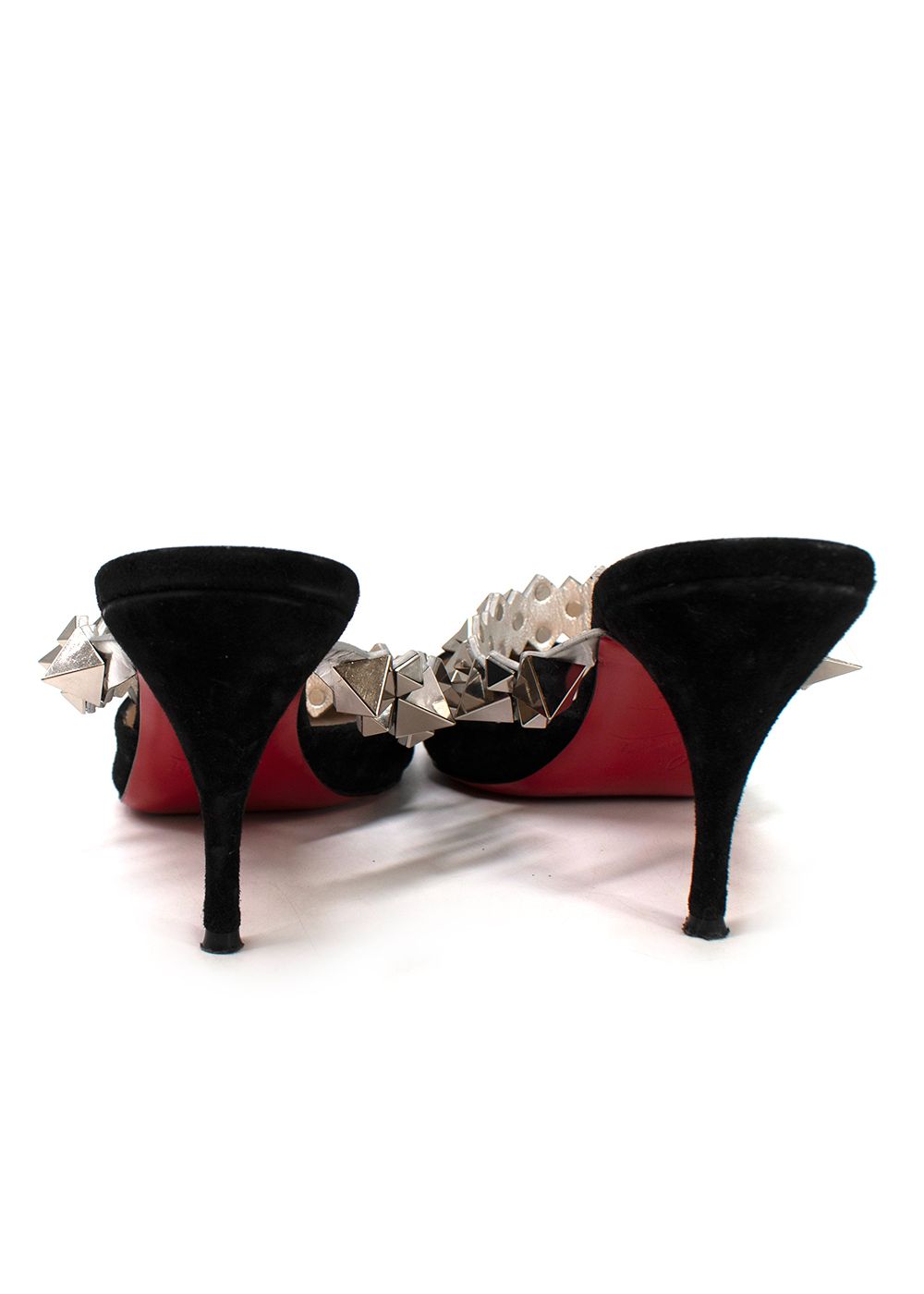 Preowned Christian Louboutin Black Suede Planet Choc Mules Size 36 Black/Silver/Red