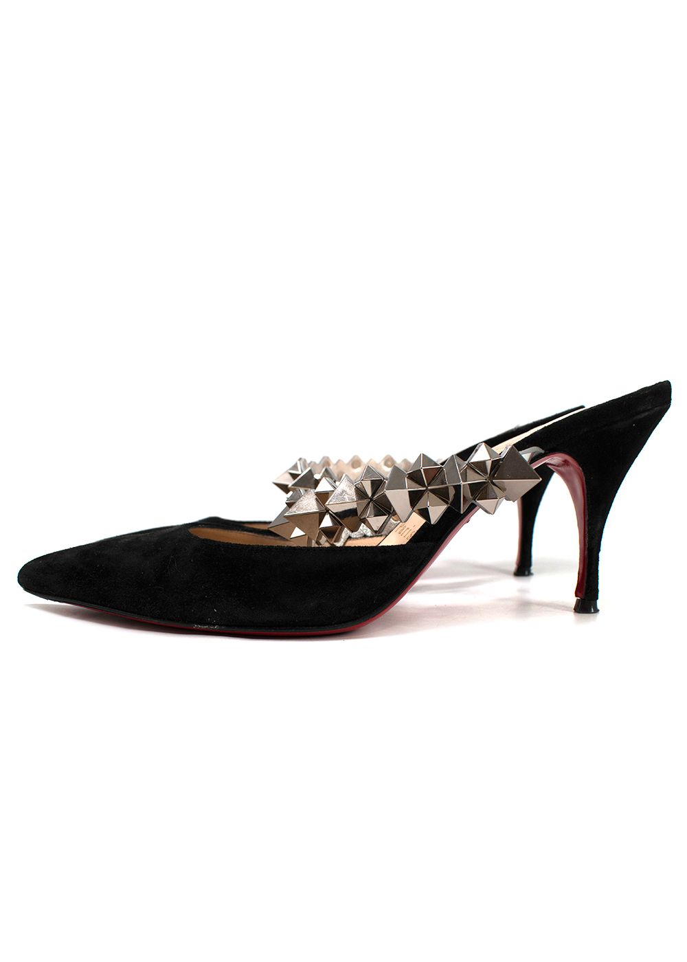 Preowned Christian Louboutin Black Suede Planet Choc Mules Size 36 Black/Silver/Red