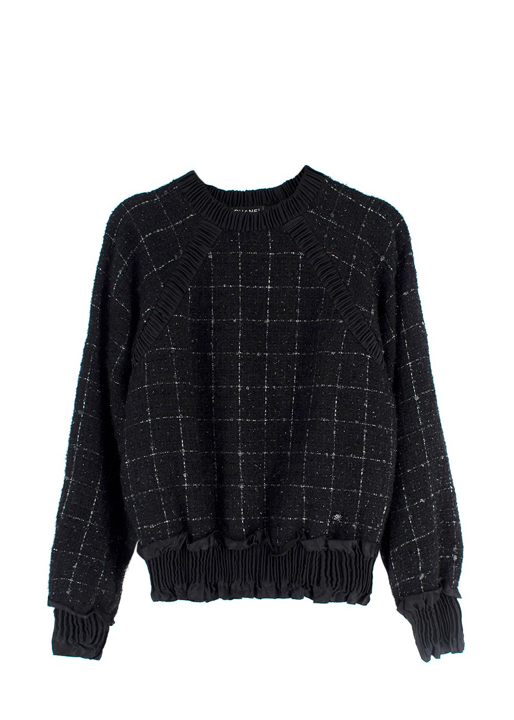 Preowned Chanel Black Checked Tweed Sweater with Satin Pleat Detail Size XXS wool/viscose/polyamide