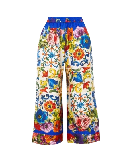 Dolce  Gabbana Sicilian Majolica Print Silk Twill Cropped Trousers Size XS