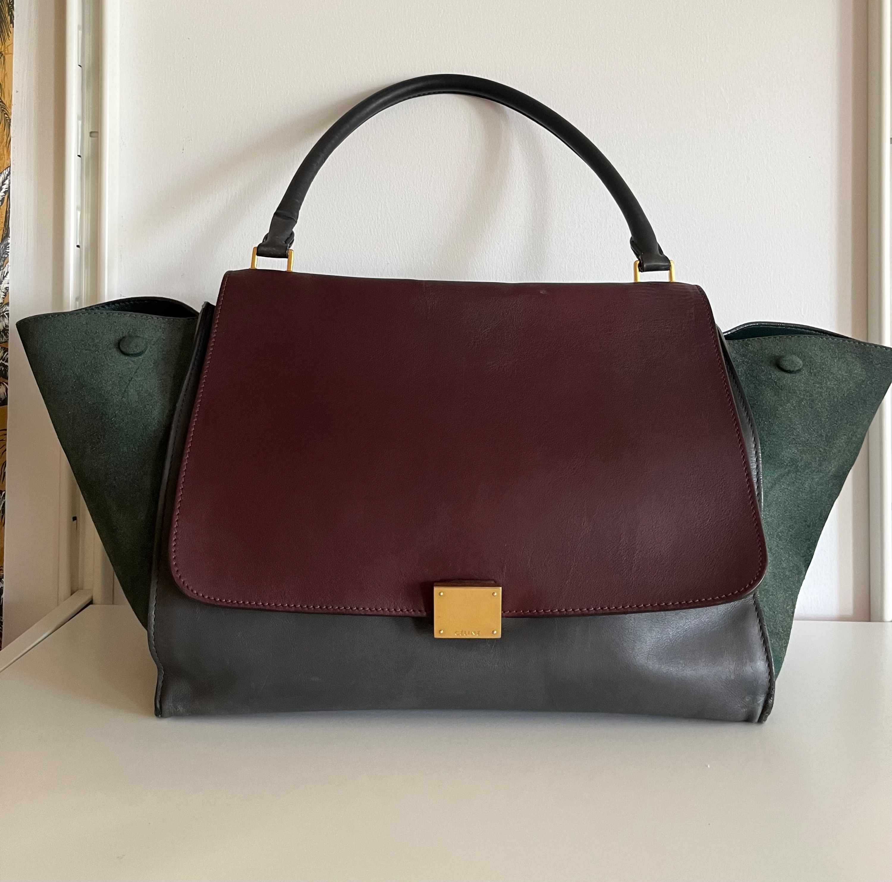 Preowned Celine Leather  Suede Tri-colour Trapeze Bag Size L Maroon