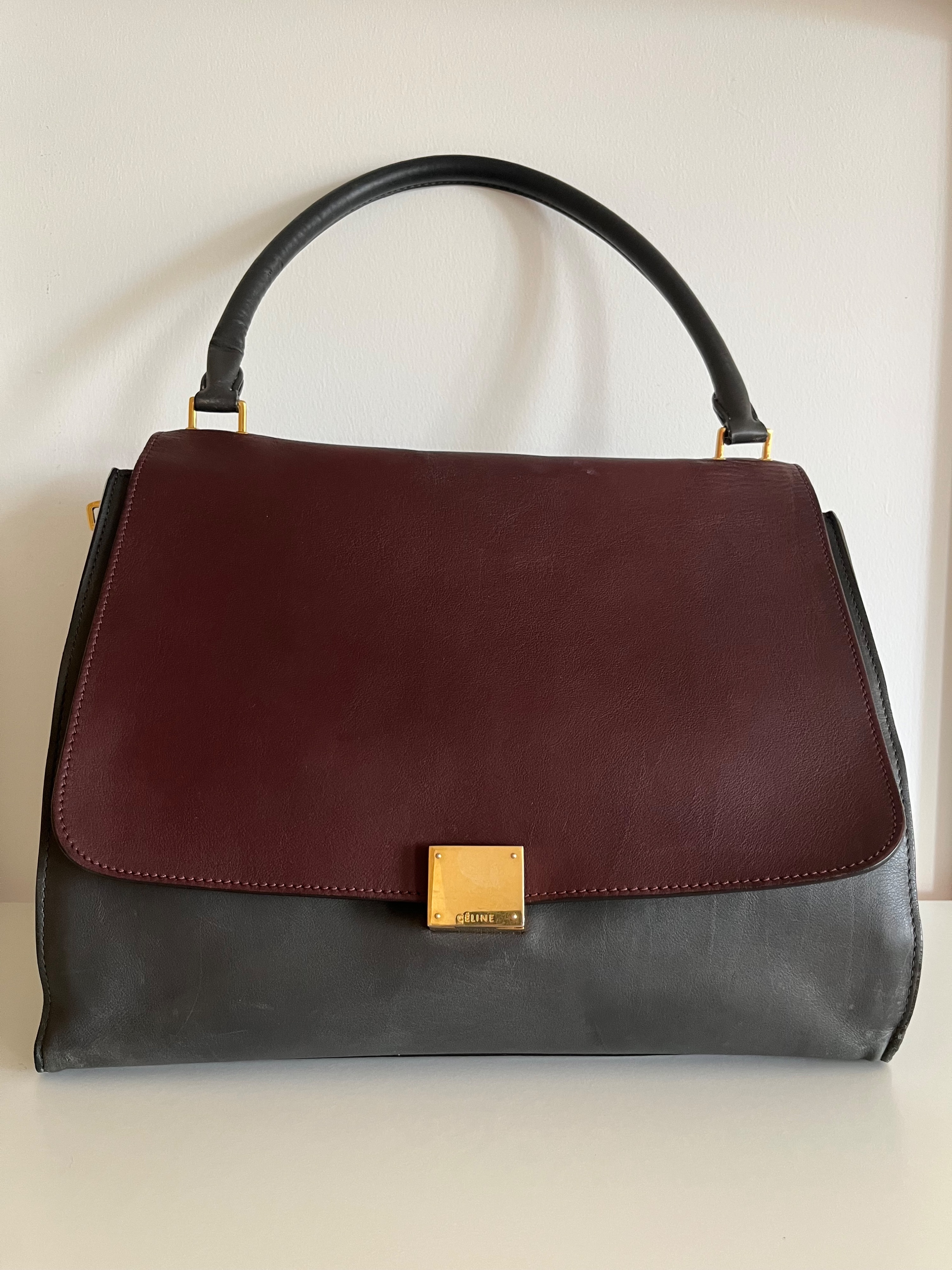 Preowned Celine Leather  Suede Tri-colour Trapeze Bag Size L Maroon