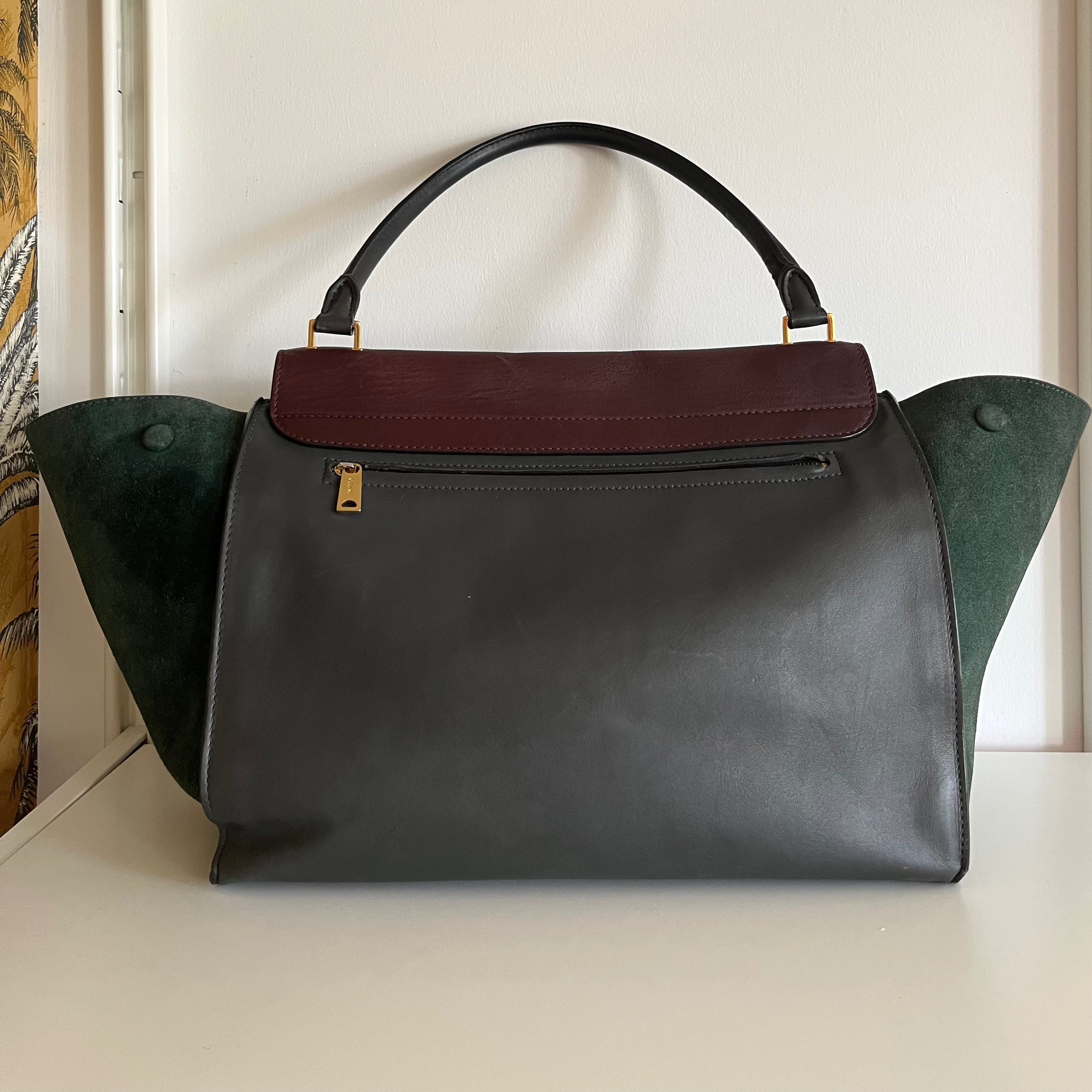 Preowned Celine Leather  Suede Tri-colour Trapeze Bag Size L Maroon